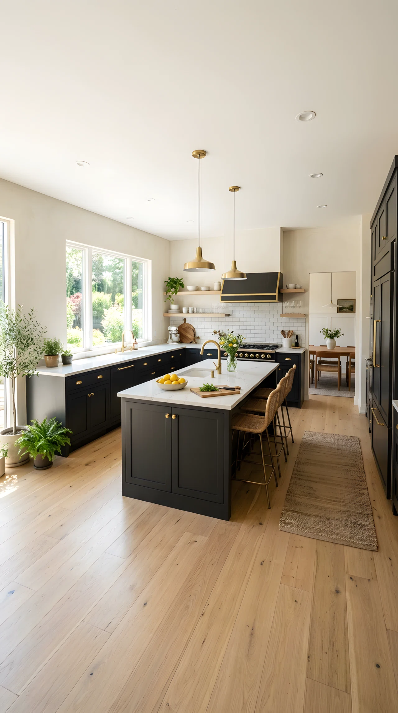 Wide-angle stock photograph of a kitchen wall with closed white cabinets interrupted by two open wood shelves holding neatly arranged ceramic dishes and a small plant, wide dramatic camera angle showing full room, bright natural daylight, vibrant colors, photographic realism, no illustration.