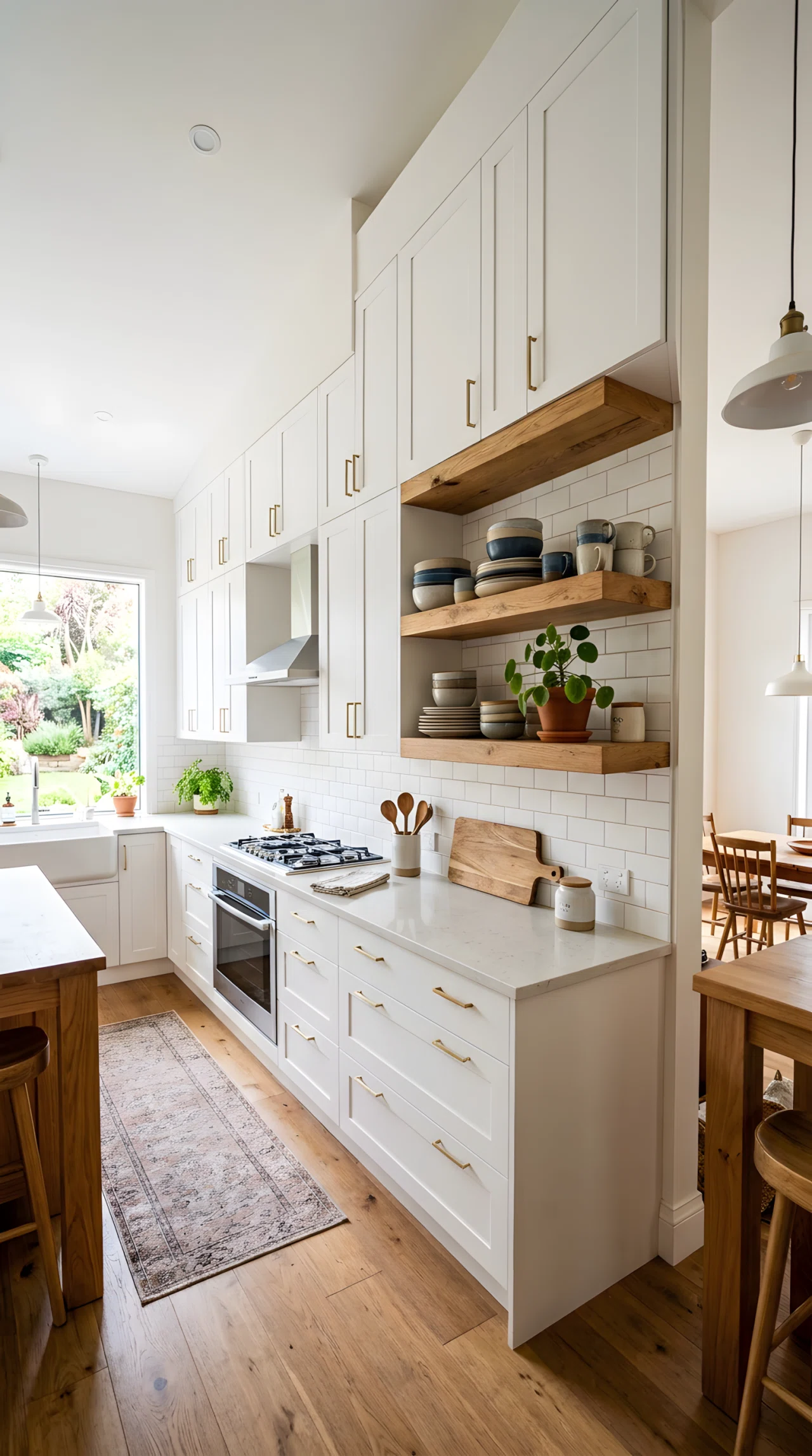 Wide-angle stock photograph of an open kitchen base cabinet with a pull-out drawer neatly organized with pots and pans, wide camera angle showing full kitchen in background, bright natural light, vibrant colors, photographic realism, no illustration.