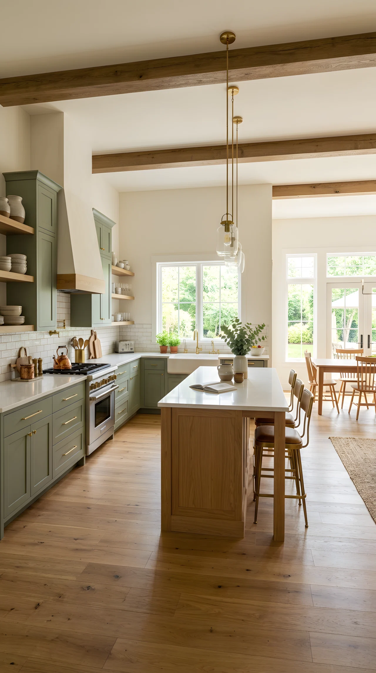 Wide-angle stock photograph of a kitchen with a natural wood island and matte sage green perimeter cabinets (RGB 156,175,148), brass hardware, wide dramatic camera angle showing full room, bright natural light, vibrant colors, photographic realism, no illustration.