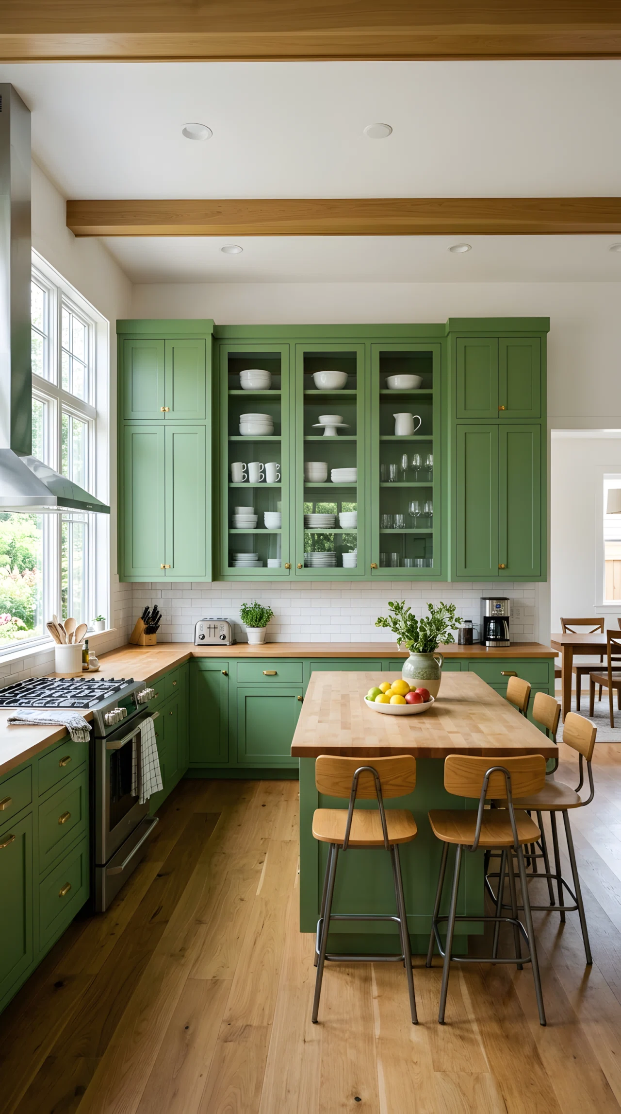 Wide-angle stock photograph of a kitchen with a few glass-front upper cabinets displaying neatly arranged white dishware, surrounded by solid painted cabinets, wide dramatic camera angle showing full room, bright natural light, vibrant colors, photographic realism, no illustration.