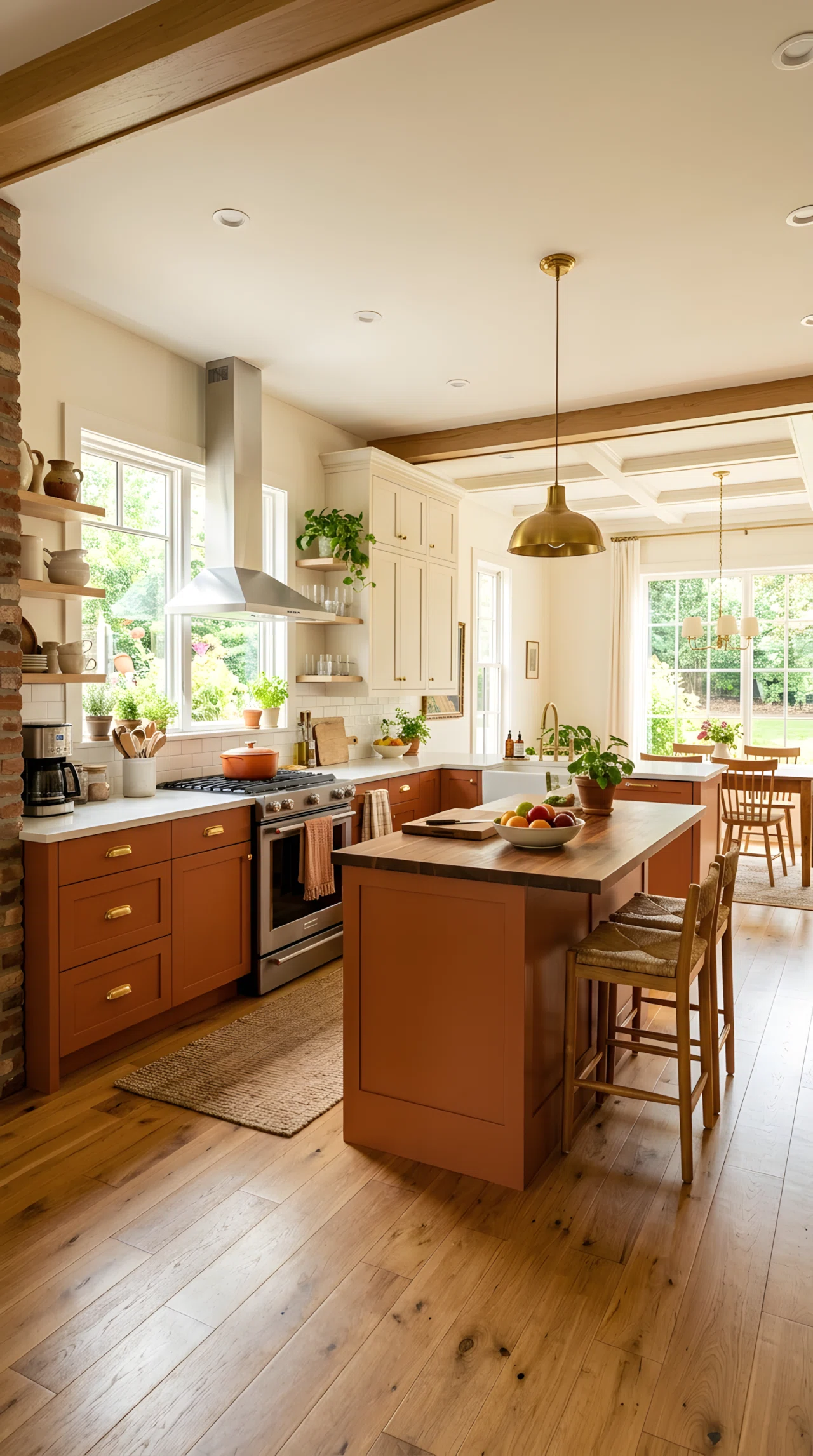 Wide-angle stock photograph of a kitchen with terracotta lower cabinets (RGB 193,110,74) and cream upper cabinets (RGB 244,236,222), brass hardware, wide dramatic camera angle showing full room, warm bright natural light, vibrant tones, photographic realism, no illustration.