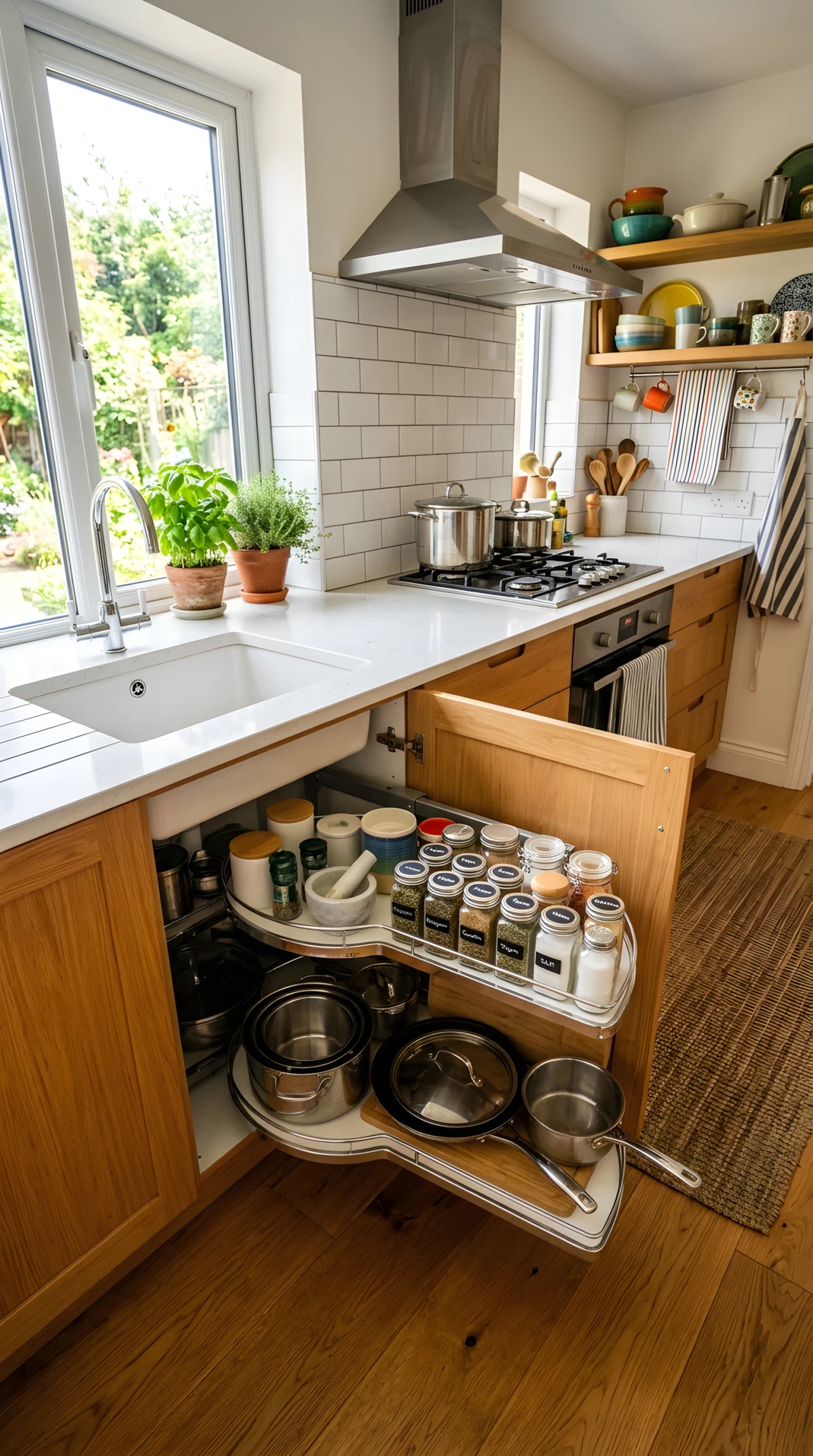 Wide-angle stock photograph of an open corner kitchen cabinet with a pull-out carousel shelf neatly holding jars and cookware, wide dramatic camera angle showing full small kitchen, bright natural light, vibrant colors, photographic realism, no illustration.