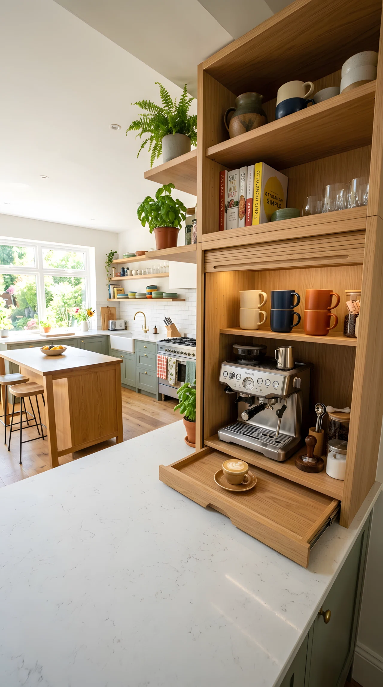 Wide-angle stock photograph of a kitchen countertop appliance garage cabinet open, revealing a neatly organized coffee station with a coffee maker and cups, full kitchen visible in wide dramatic camera angle, bright natural light, vibrant colors, photographic realism, no illustration.