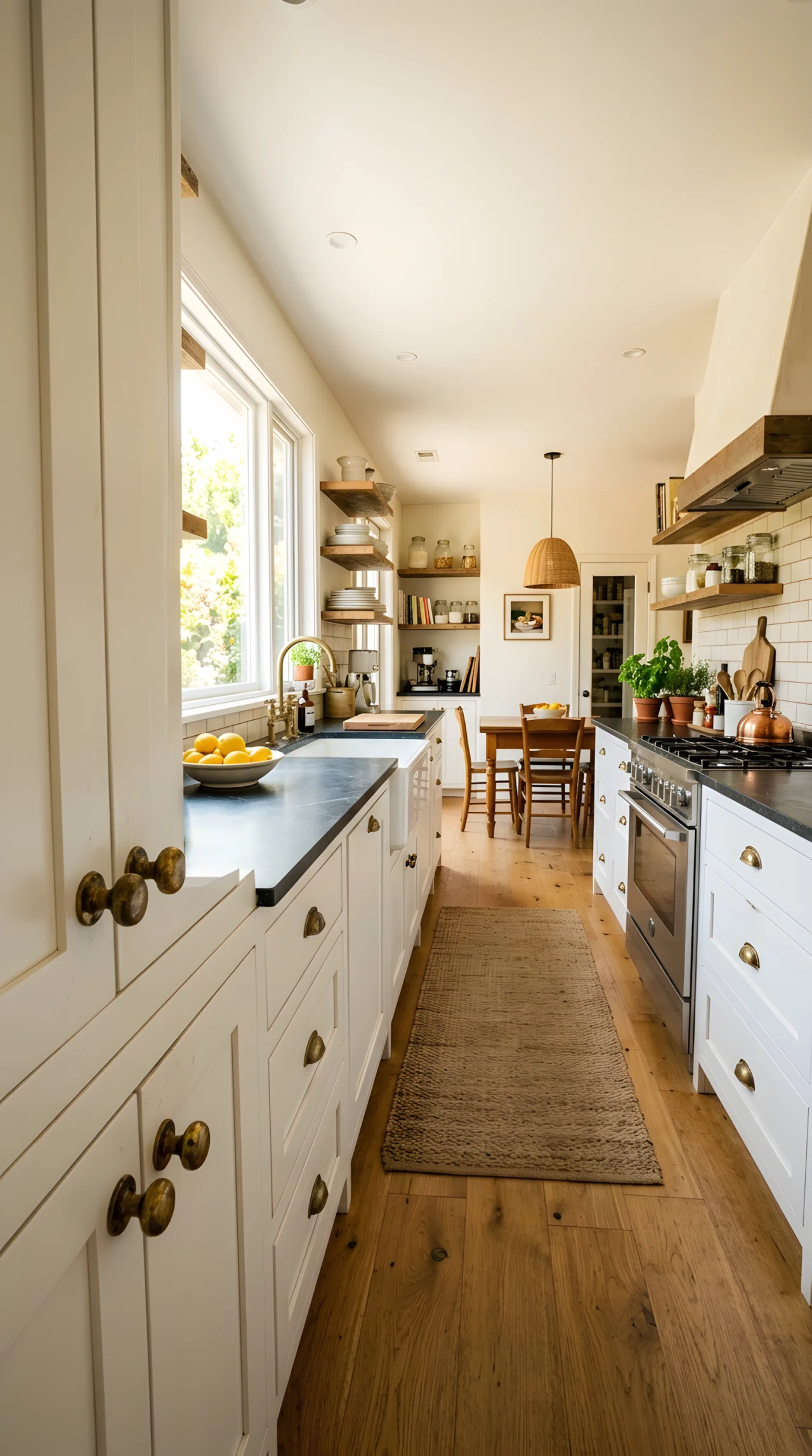 Wide-angle stock photograph of simple white cabinet doors with unlacquered brass knobs showing natural patina, close full kitchen visible in wide dramatic camera angle, bright natural window light, vibrant warm tones, photographic realism, no illustration.