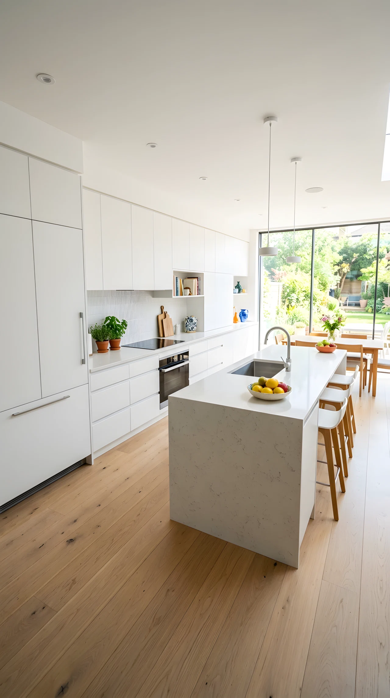Wide-angle stock photograph of a modern kitchen with panel-ready refrigerator and dishwasher matching white cabinet fronts, seamless cabinetry line, wide dramatic camera angle showing full room, bright natural light, vibrant colors, photographic realism, no illustration.