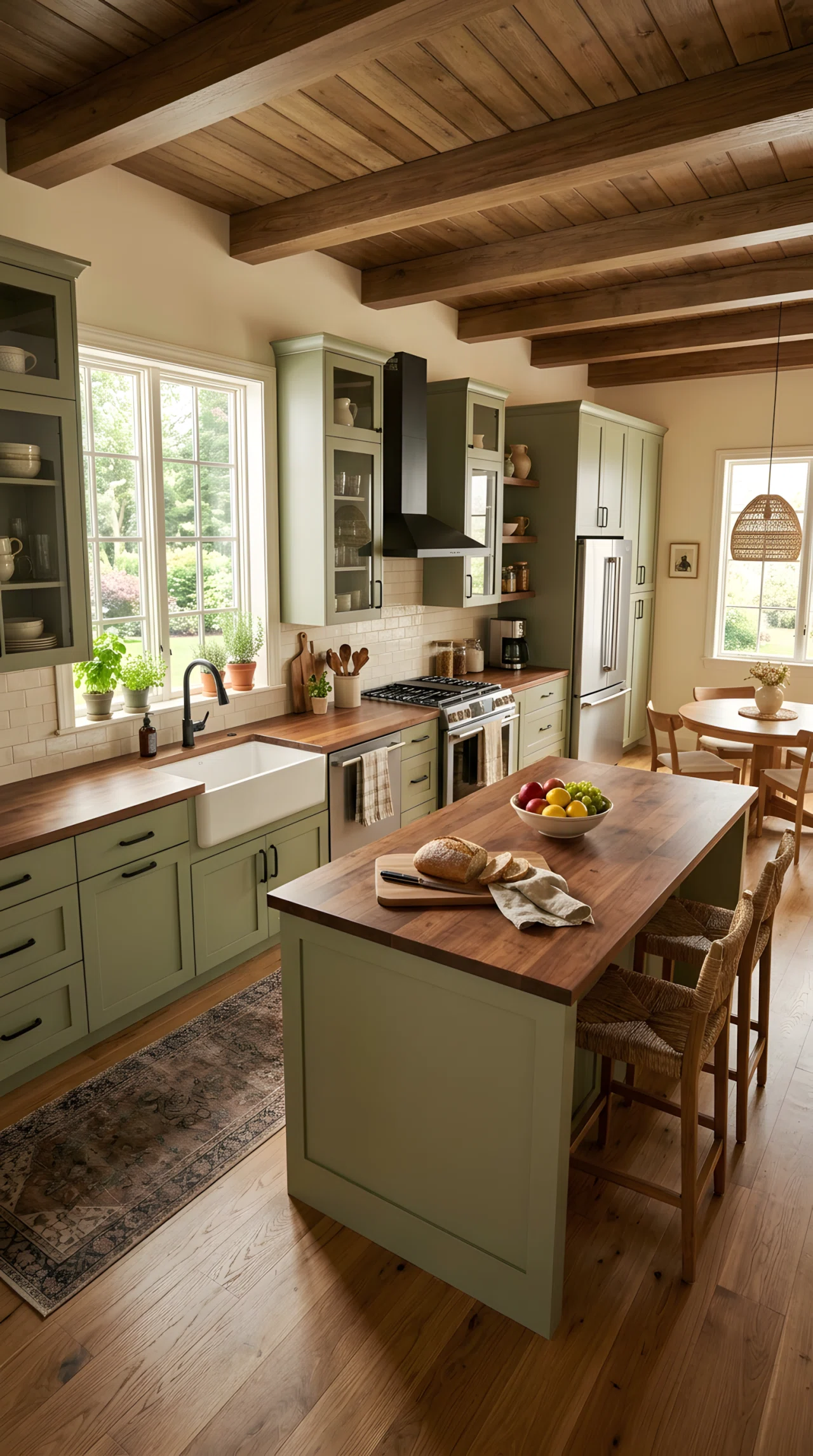 Wide-angle stock photograph of a cozy kitchen with sage green cabinets (RGB 158,169,132) and matte black hardware, warm wood countertop, wide dramatic camera angle showing full room, soft natural sunlight, vibrant colors, photographic realism, no illustration.