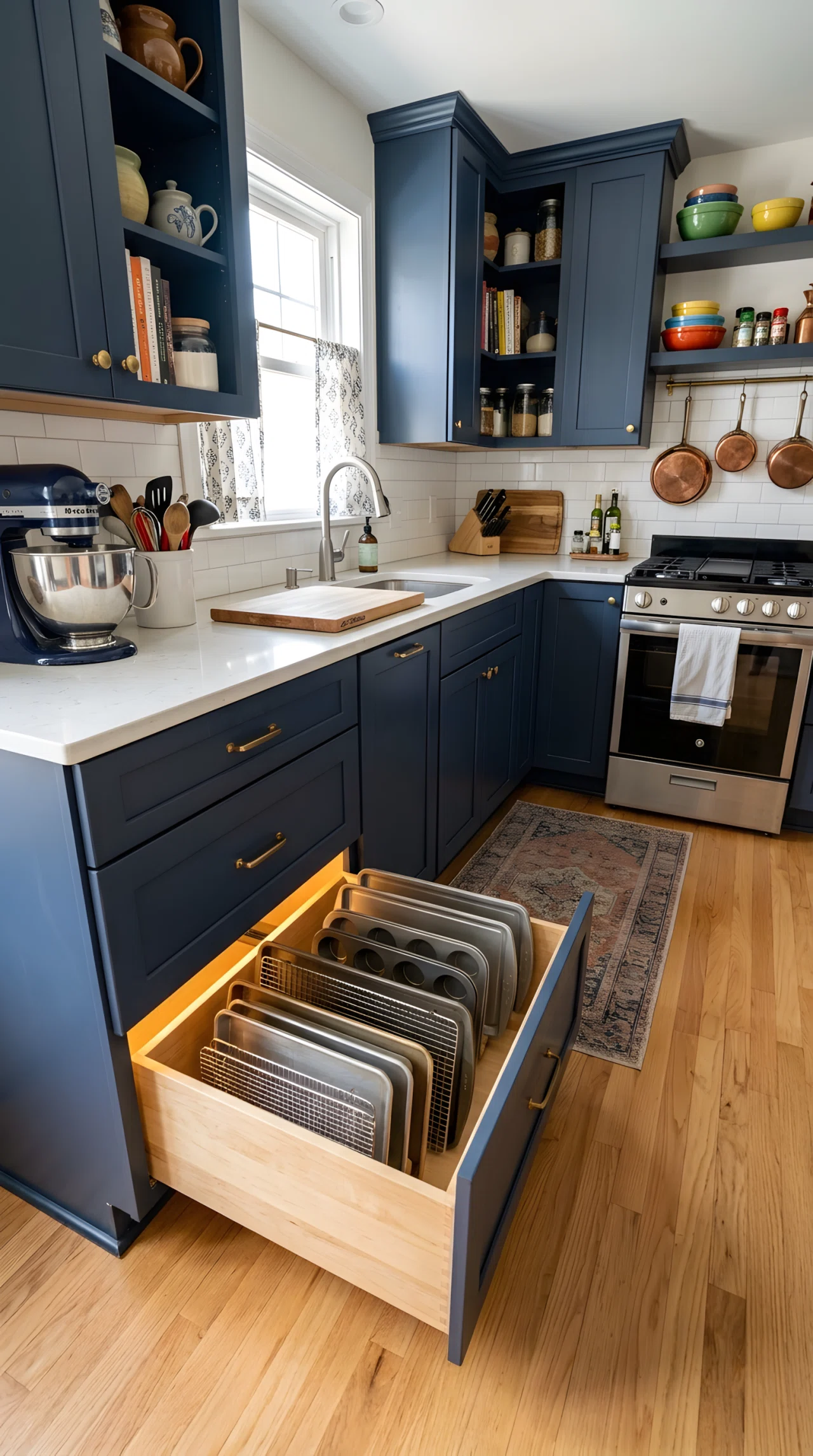 Wide-angle stock photograph of a small kitchen with an open toe-kick drawer beneath base cabinets neatly storing baking sheets, wide dramatic camera angle showing full compact kitchen, bright natural light, vibrant colors, photographic realism, no illustration.