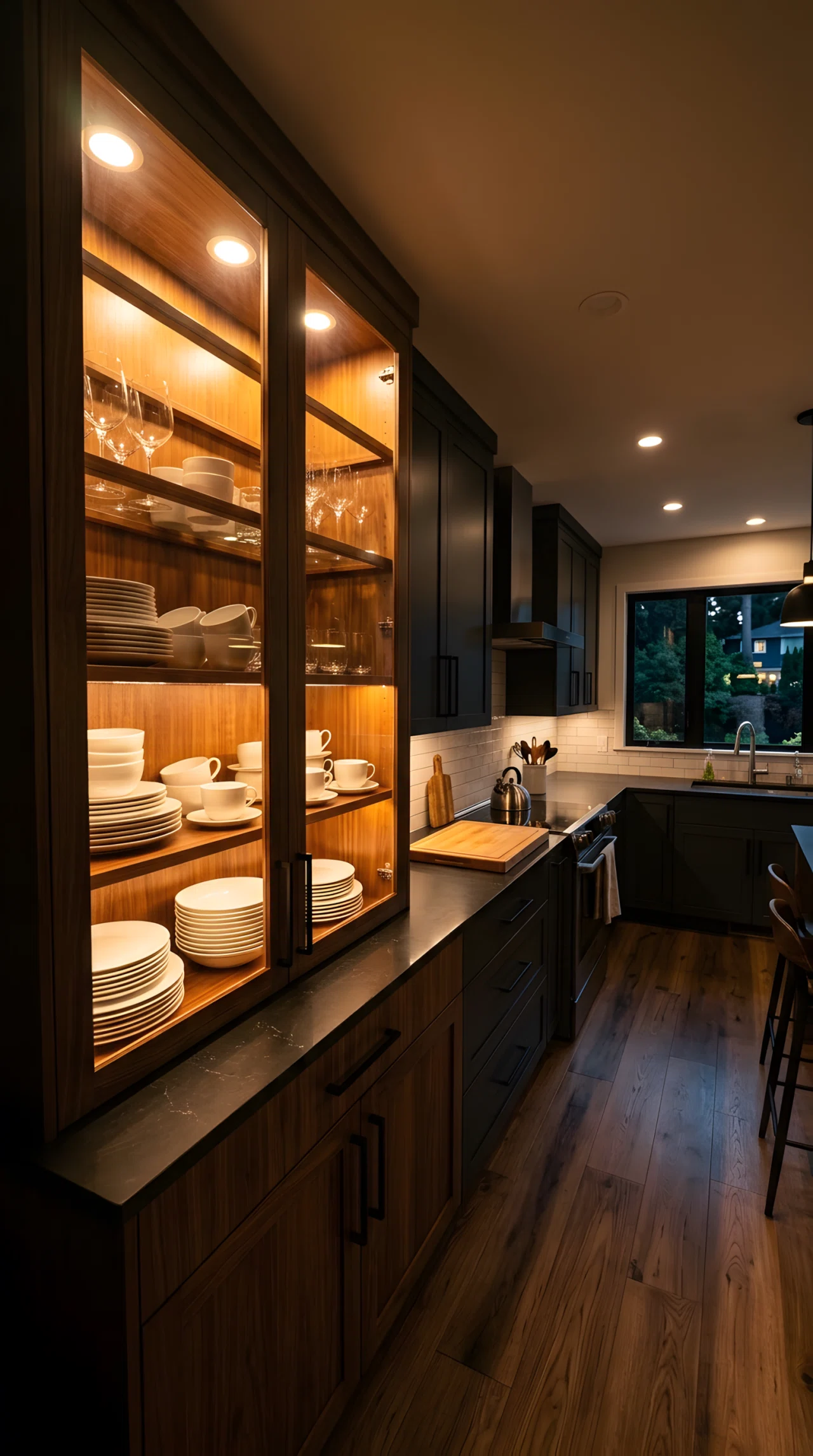 Wide-angle stock photograph of a glass-front kitchen cabinet at night with small puck lights positioned at the top of the interior casting a downward glow over neatly arranged white dishware, rest of kitchen softly lit, dramatic wide camera angle, vibrant warm light, photographic realism, no illustration.