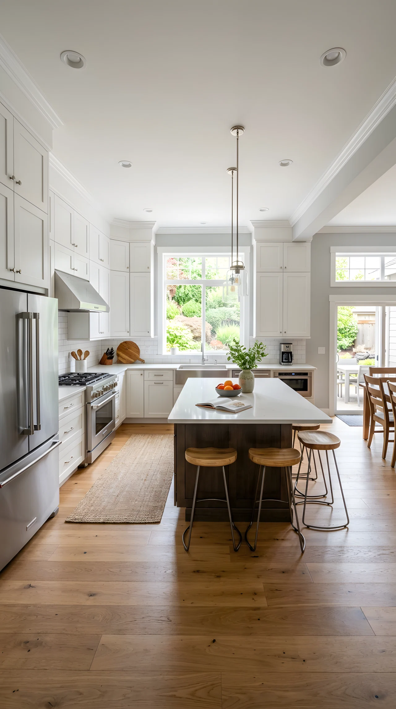 Wide-angle stock photograph of a kitchen with white cabinets topped by simple crown molding reaching the ceiling, wide dramatic camera angle showing full room, bright natural light, vibrant colors, photographic realism, no illustration.