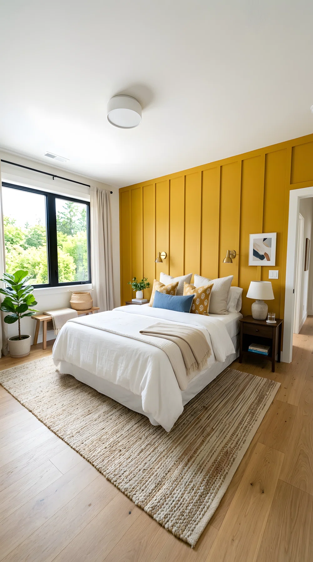 Wide-angle photograph of a bedroom, board and batten wall behind the bed painted mustard yellow (RGB 227,168,39), bed neatly styled, bright natural light from a window, dramatic wide camera angle, stock photo style, vibrant colors.