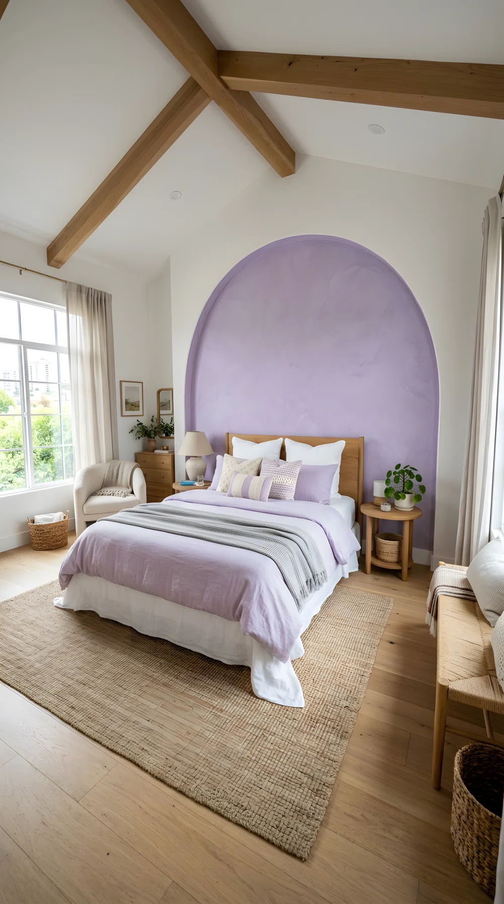 Wide-angle photo, bedroom with curved plaster arch accent wall behind bed painted chalky lavender (RGB 200,180,222), neatly styled bedding, natural daylight, dramatic wide camera angle, vibrant stock photography.