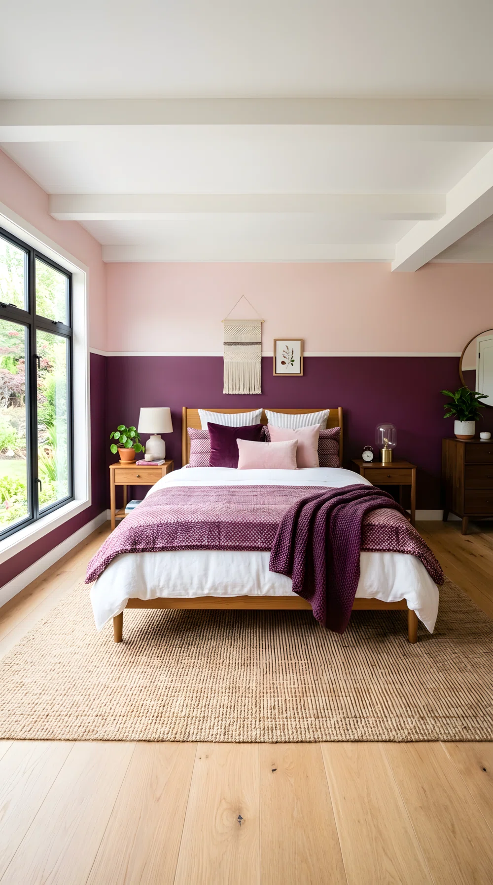 Wide-angle photo, bedroom wall horizontally split with deep plum (RGB 89,44,79) lower half and soft blush pink upper half, neatly styled bed, bright natural light, dramatic wide camera angle, vibrant stock photography.