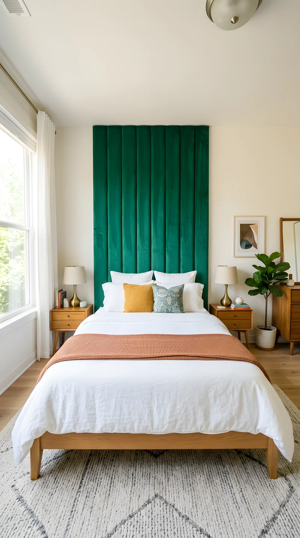 Wide-angle photo, bedroom wall with vibrant emerald green (RGB 12,120,80) channel-tufted upholstered fabric panel behind bed, neatly styled bedding, natural daylight, dramatic wide camera angle, vibrant stock photography.