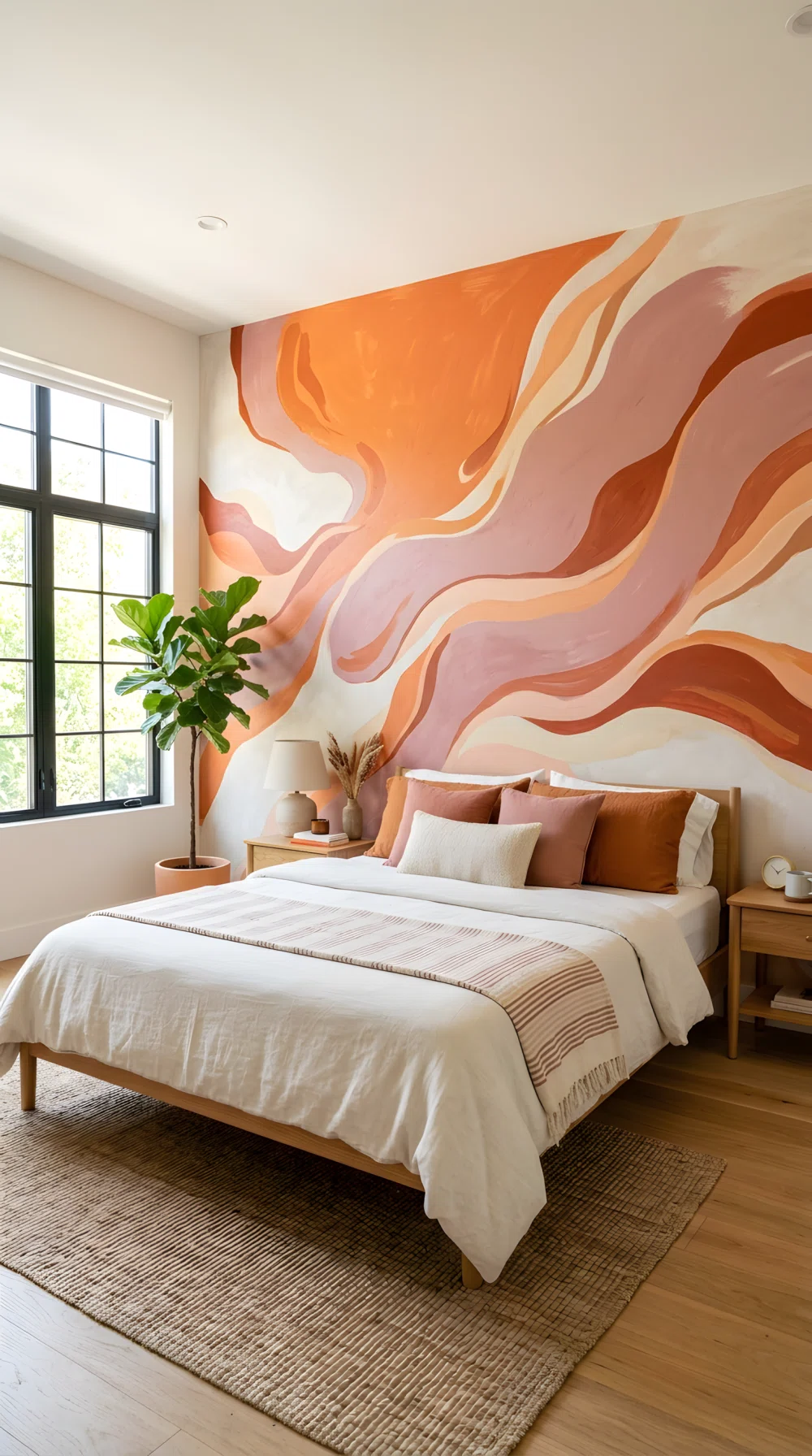 Wide-angle photo, bedroom wall with abstract hand-painted mural in sunset orange (RGB 232,126,74) and dusty rose (RGB 212,150,158) organic shapes, neatly styled bed, bright natural light, dramatic wide camera angle, vibrant stock photography.