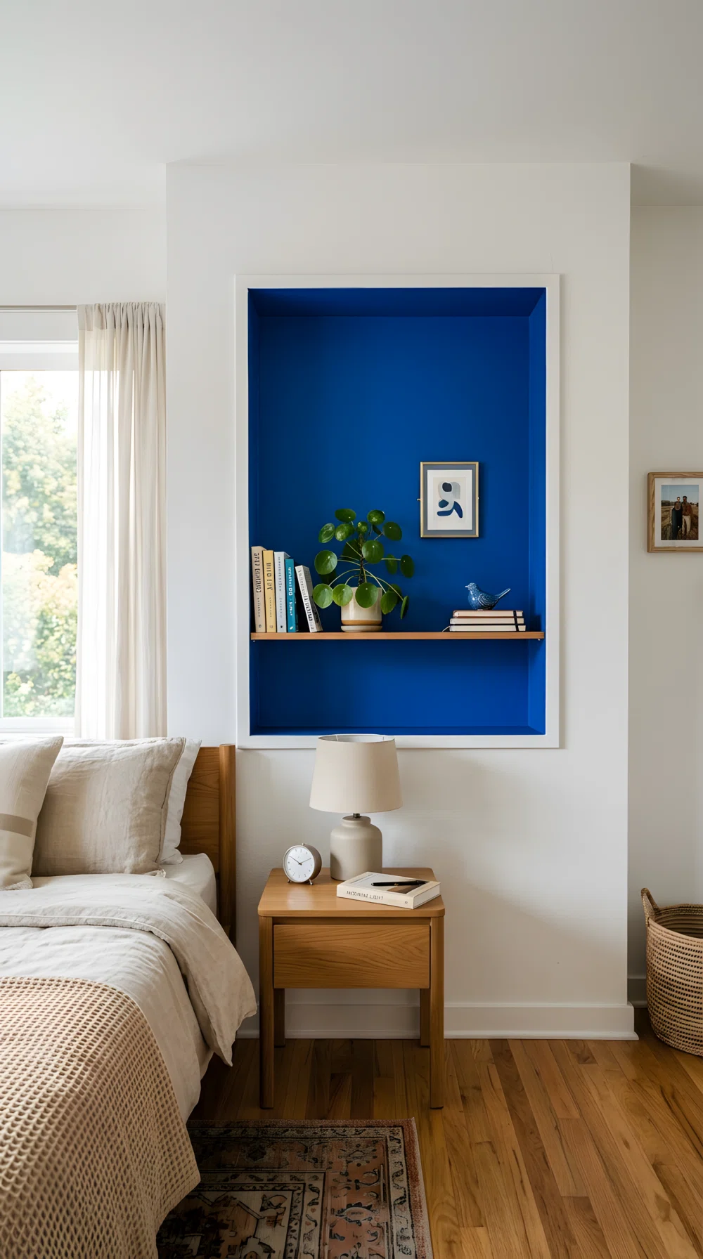 Wide-angle photo, bedroom wall with built-in rectangular niche painted vibrant cobalt blue (RGB 25,85,180) inside, white surrounding wall, small books and plant styled neatly on the shelf, natural daylight, dramatic wide camera angle, vibrant stock photography.