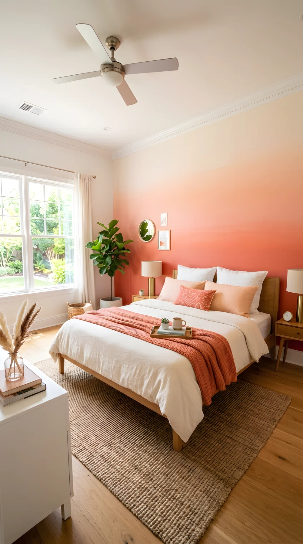 Wide-angle photo, bedroom wall painted ombre gradient from warm coral (RGB 255,127,102) at the base fading to pale peach (RGB 255,218,193) near ceiling, neatly styled bed, bright natural light, dramatic wide camera angle, vibrant stock photography.