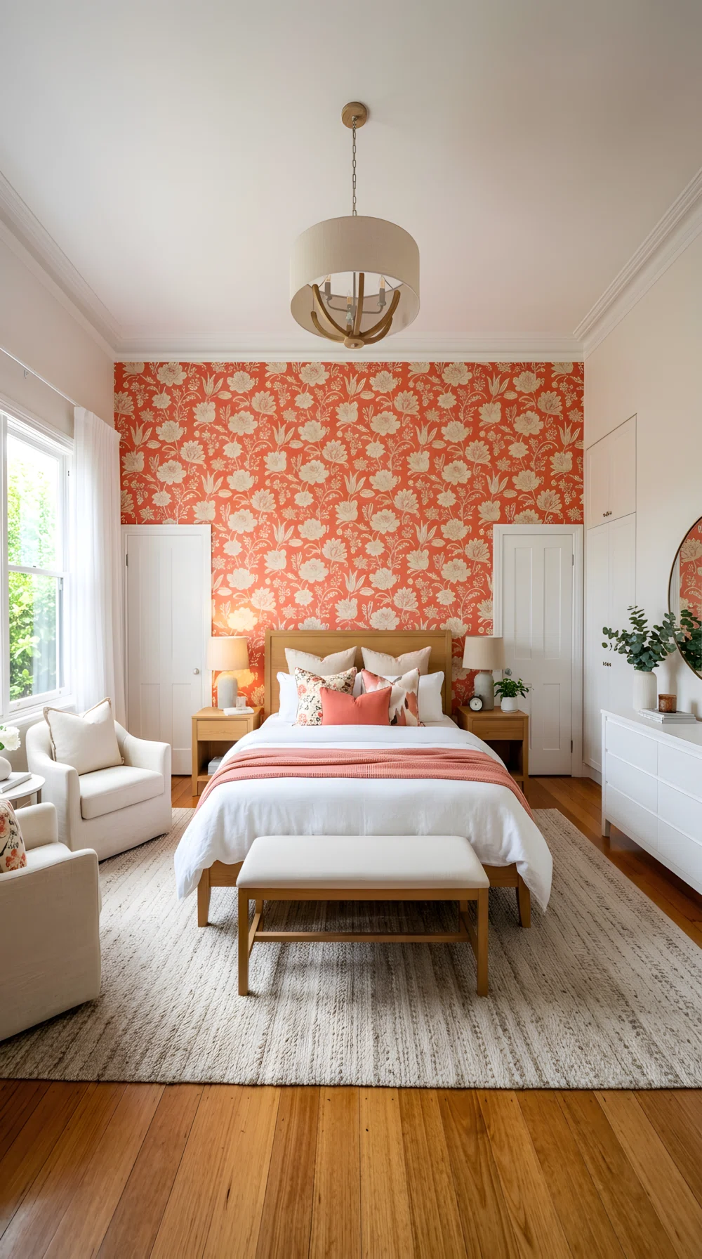 Wide-angle photo of a bedroom, master bed wall covered in bold coral (RGB 255,111,97) and cream floral wallpaper pattern, bed neatly styled, natural daylight, vibrant stock photography, dramatic wide angle.