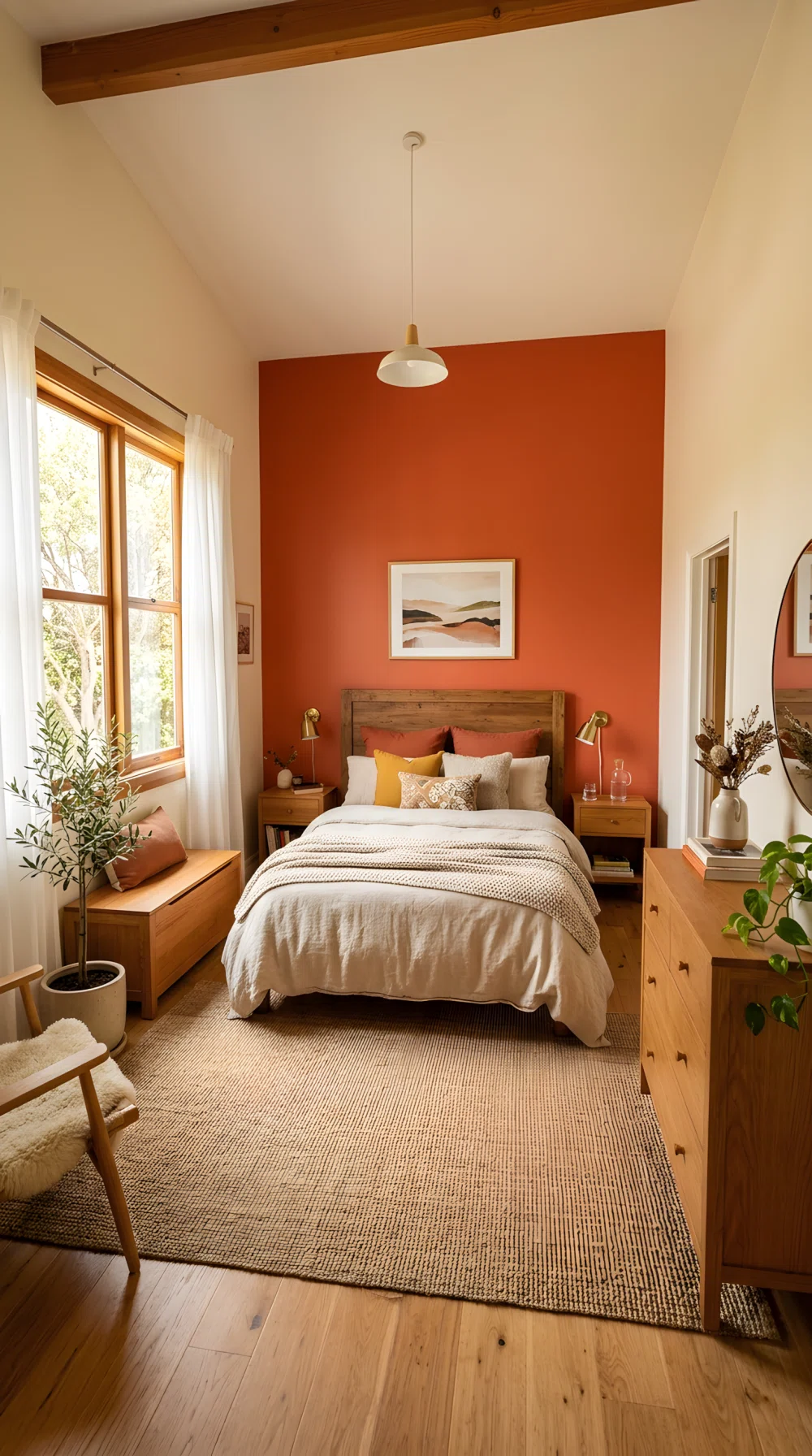 Wide-angle photo, bedroom with one wall painted vibrant terracotta (RGB 204,85,61), warm wood furniture, soft textiles, natural light, dramatic wide camera angle, stock photo style.