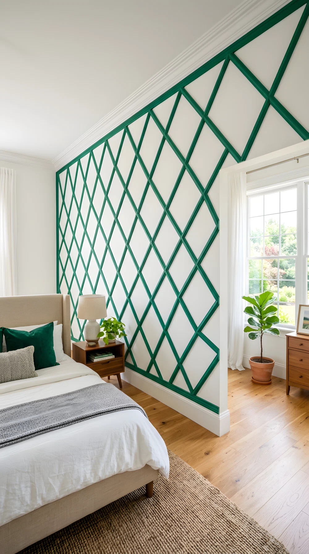 Wide-angle photo, bedroom wall with geometric emerald green (RGB 0,128,96) trim molding in a diamond pattern, white base wall, natural light, dramatic wide camera angle, vibrant stock photography.