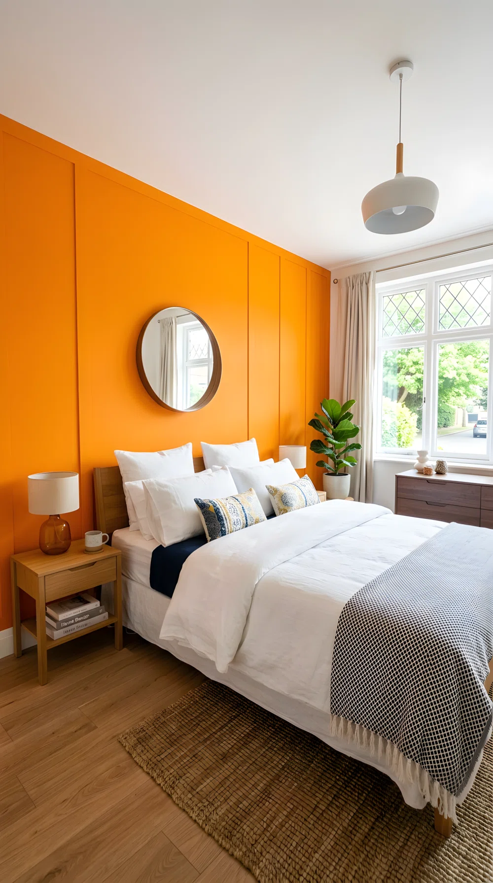 Wide-angle photo, bedroom wall with vibrant citrus orange (RGB 255,140,0) peel-and-stick panel, bed neatly styled, natural daylight, dramatic wide camera angle, vibrant stock photography.