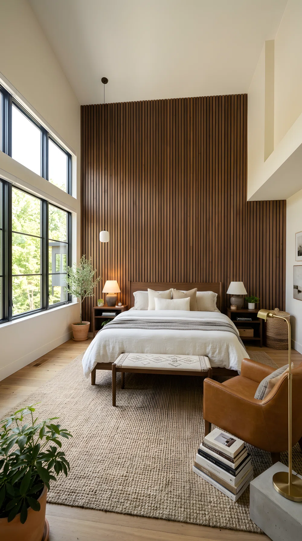 Wide-angle photo, bedroom wall with vertical walnut brown wood slats behind bed, soft neutral bedding, bright natural light, dramatic wide camera angle, vibrant stock photography.