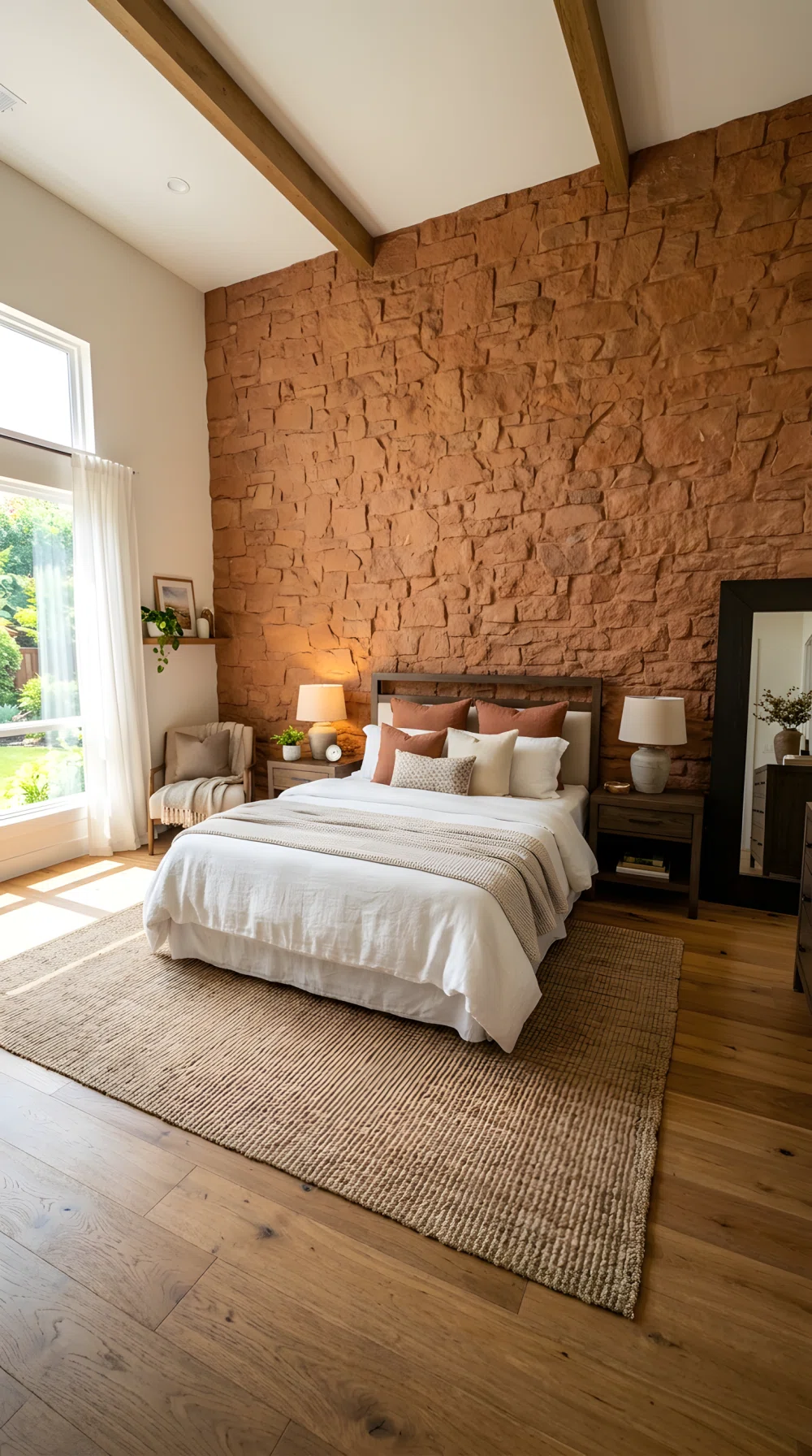Wide-angle photo, bedroom wall with warm sandstone rust (RGB 183,110,74) stone veneer panel behind headboard, neatly styled bed, natural daylight, dramatic wide camera angle, vibrant stock photography.