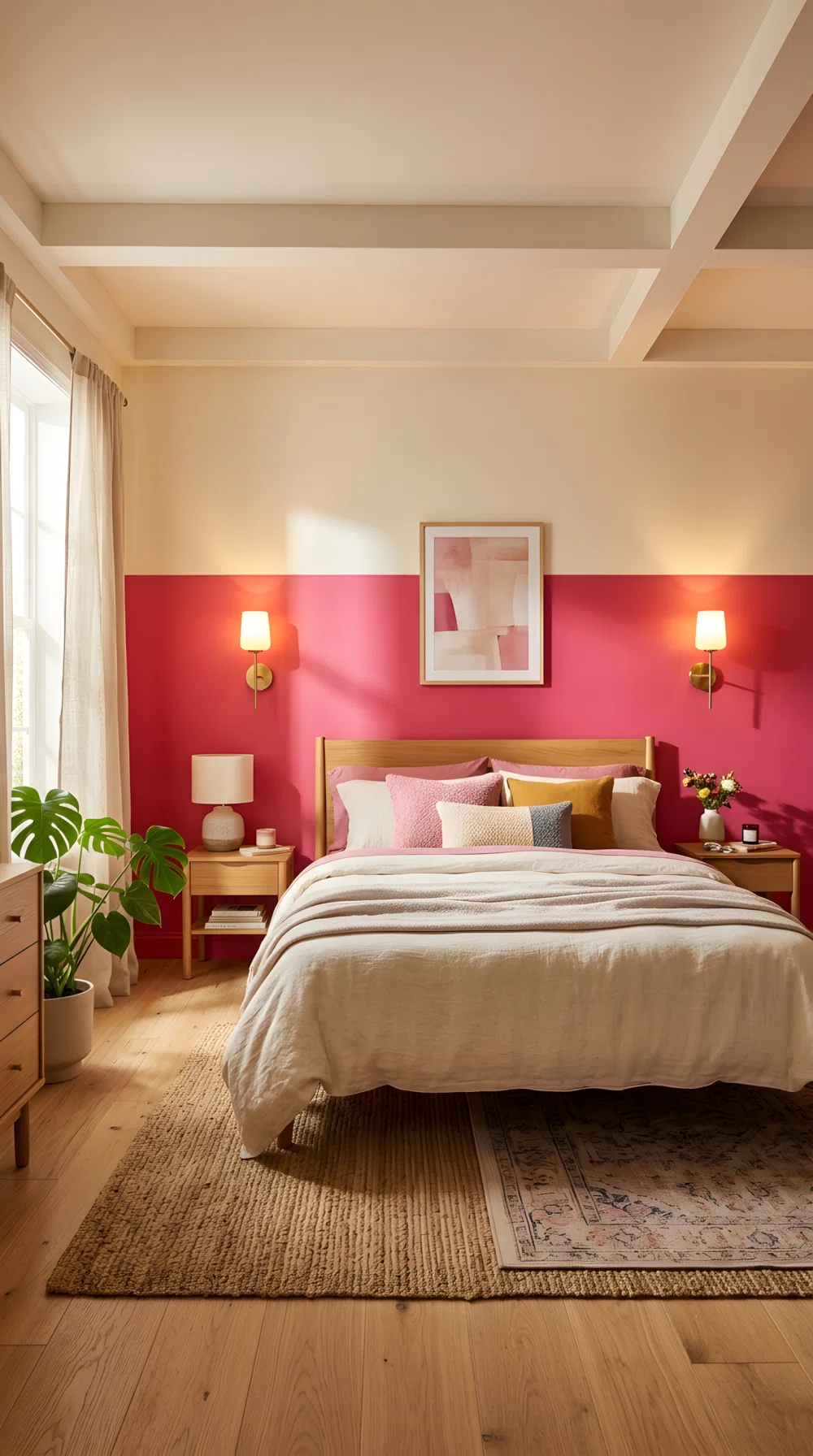 Wide-angle photo, bedroom wall color-blocked raspberry pink (RGB 227,64,120) lower half and cream upper half, two wall sconces mounted at shoulder height beside the bed casting warm light sideways across the wall, dramatic wide camera angle, vibrant stock photography.