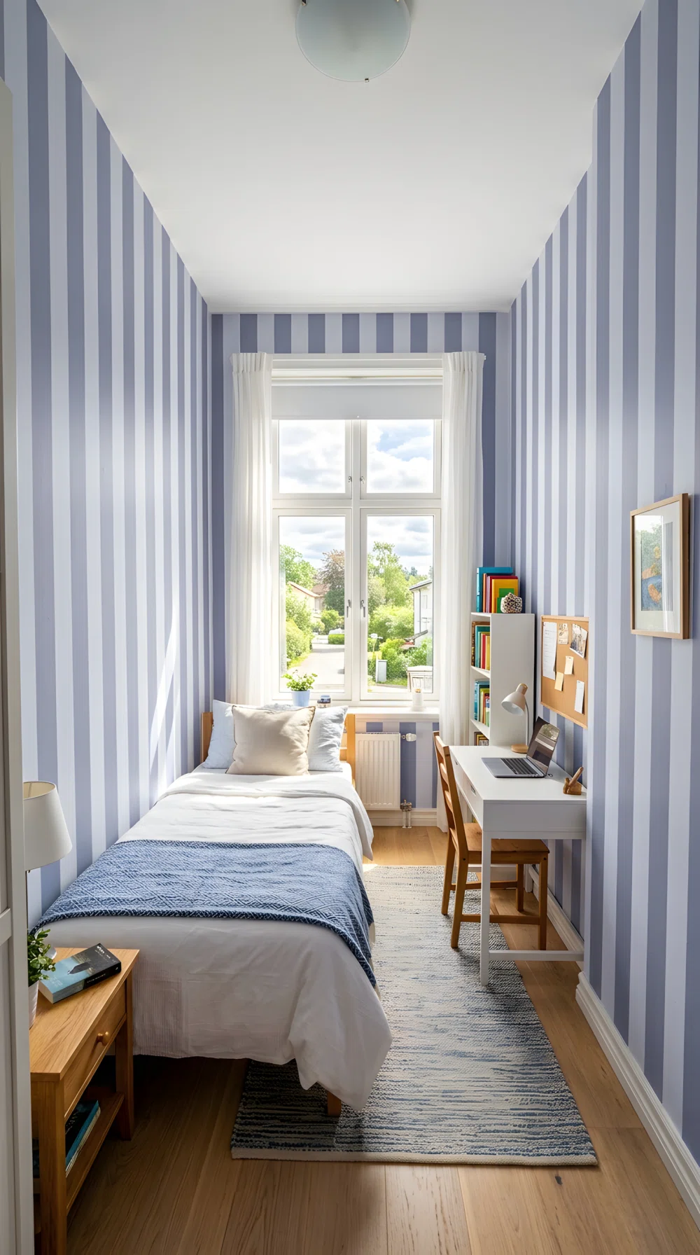 Wide-angle photo, bedroom wall with vertical periwinkle blue (RGB 122,143,214) and white painted stripes, small bedroom, bright natural light, dramatic wide camera angle, vibrant stock photography.