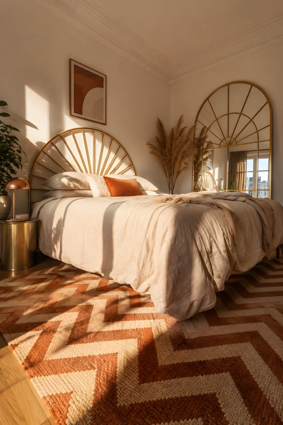 A wide-angle photograph of a bedroom with a fan-arch shaped brass headboard, natural linen bedding in warm oatmeal tone, a chevron patterned wool rug in muted terracotta and cream, a large fan-arch mirror on the wall catching window light, brushed brass side table, soft directional afternoon light entering from a side window casting long dramatic shadows across the floor, shot from a low dramatic angle emphasizing the room's geometry, vibrant warm color grading, DSLR photography style, ultra-detailed.