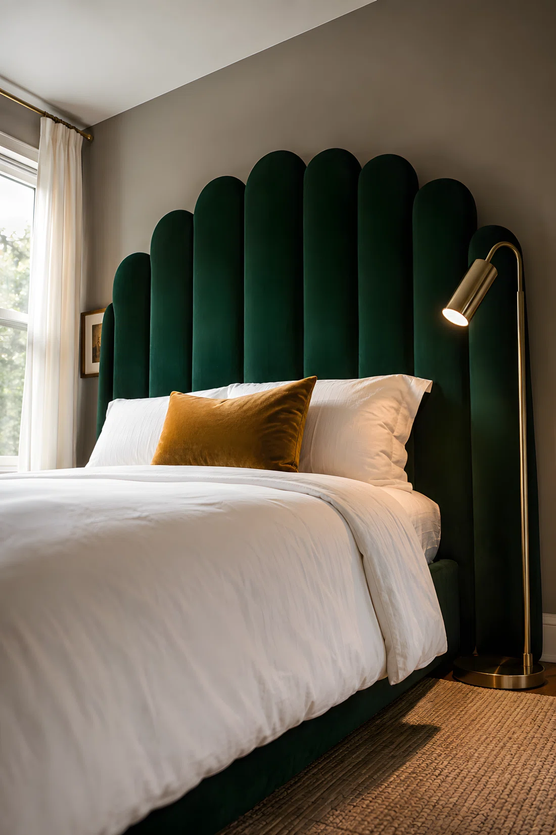 Wide-angle photograph of a bedroom bed with an oversized scalloped velvet headboard in deep emerald green, minimal white bedding with one gold throw pillow, a slim brass floor lamp beside the bed, dramatic low camera angle looking up slightly at the headboard to emphasize its curved silhouette, bright window light from the left side, vibrant saturated colors, stock photography style, high detail texture on velvet fabric.