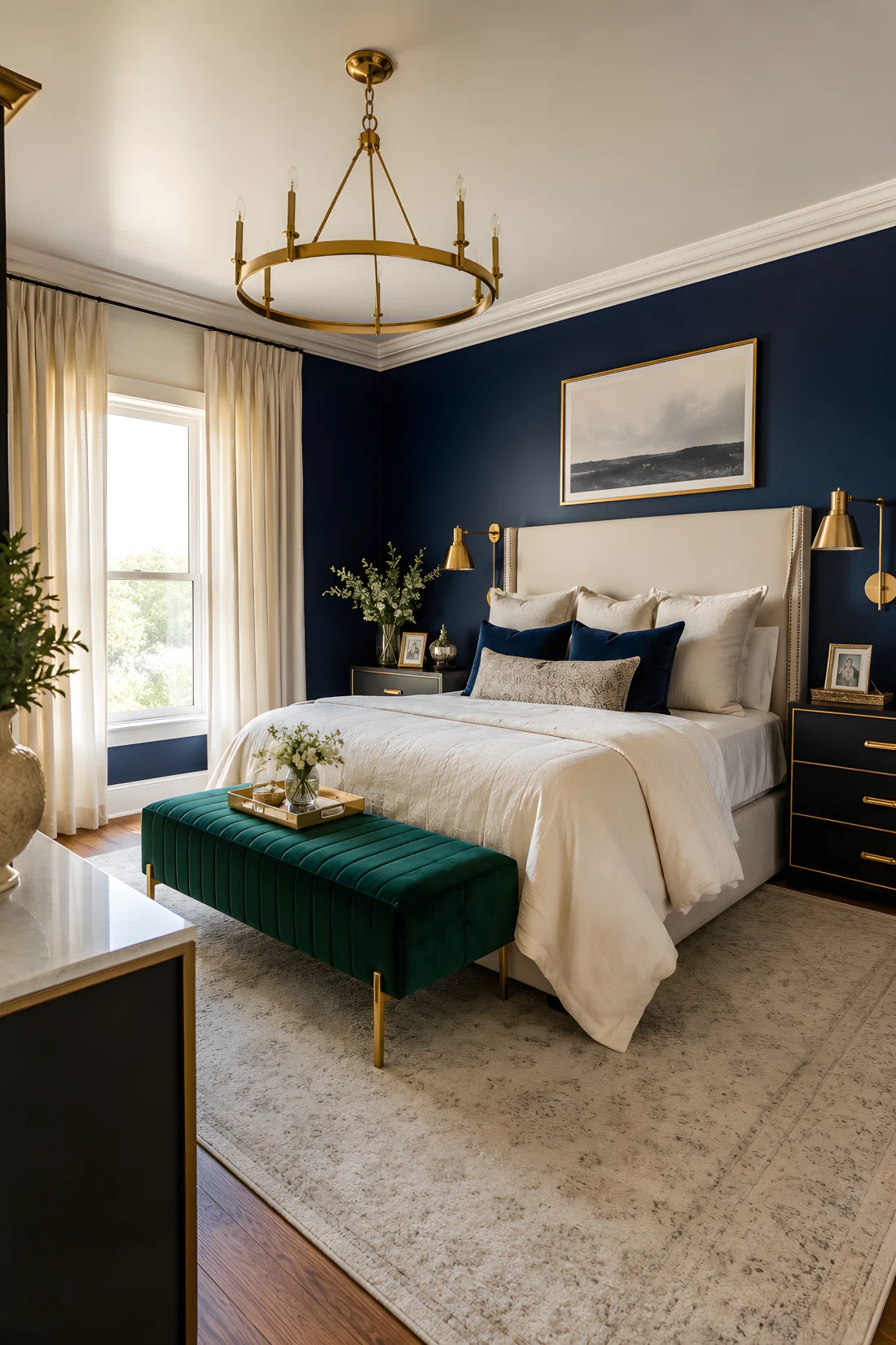 Wide-angle photograph of a bedroom with a navy blue accent wall (RGB 20, 40, 70), emerald green velvet bench at the foot of the bed (RGB 6, 90, 68), gold and brass hardware details throughout (RGB 197, 154, 71), cream colored bedding and light rug for contrast, dramatic side-angle composition showing the full room depth, bright natural window light, vibrant color grading, editorial interior photography style.