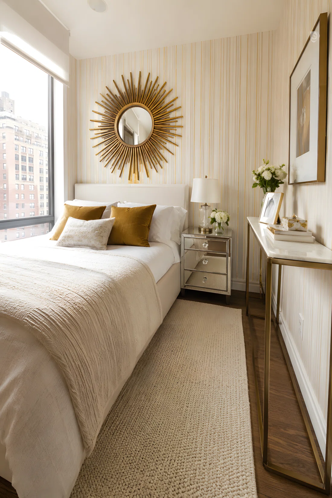 Wide-angle photograph of a compact apartment bedroom with a large sunburst mirror mounted above the bed, mirrored glossy nightstand reflecting window light, vertical striped wallpaper in soft cream and gold tones, a slim brass-legged console against the far wall, dramatic wide camera angle capturing the full depth of the small room to emphasize scale, bright vibrant natural light, stock photography style.