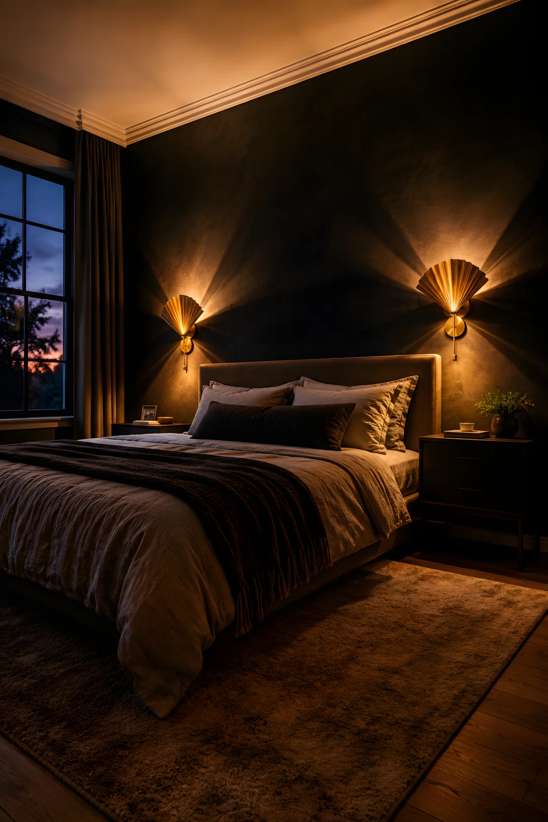 Wide-angle photograph of a bedroom at dusk, two fan-shaped brass wall sconces mounted at eye level on either side of the bed glowing warm amber light against a dark charcoal wall, soft pools of light illuminating the headboard and casting dramatic shadows upward across the wall texture, camera positioned at a low dramatic angle to highlight the light pattern, vibrant warm tones, cinematic stock photography style.
