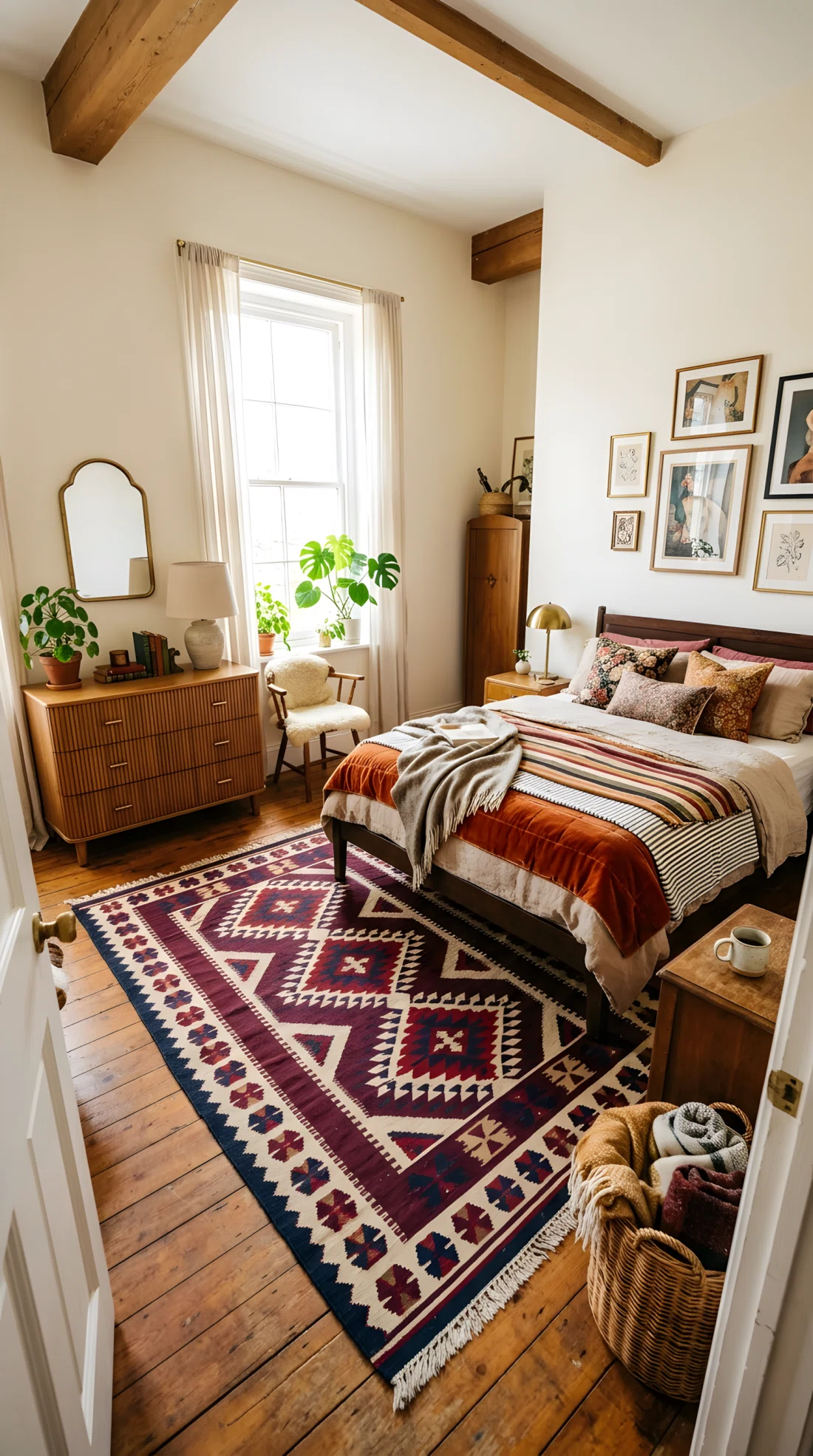 Wide-angle photograph of a bedroom furnished with a mix of vintage secondhand pieces, a fluted wooden dresser, a small curved brass mirror, one new patterned area rug in burgundy and cream geometric pattern as the room's centerpiece, soft mismatched but complementary bedding, dramatic angled composition capturing the full room layout, bright natural window light, vibrant warm tones, editorial stock photography style.