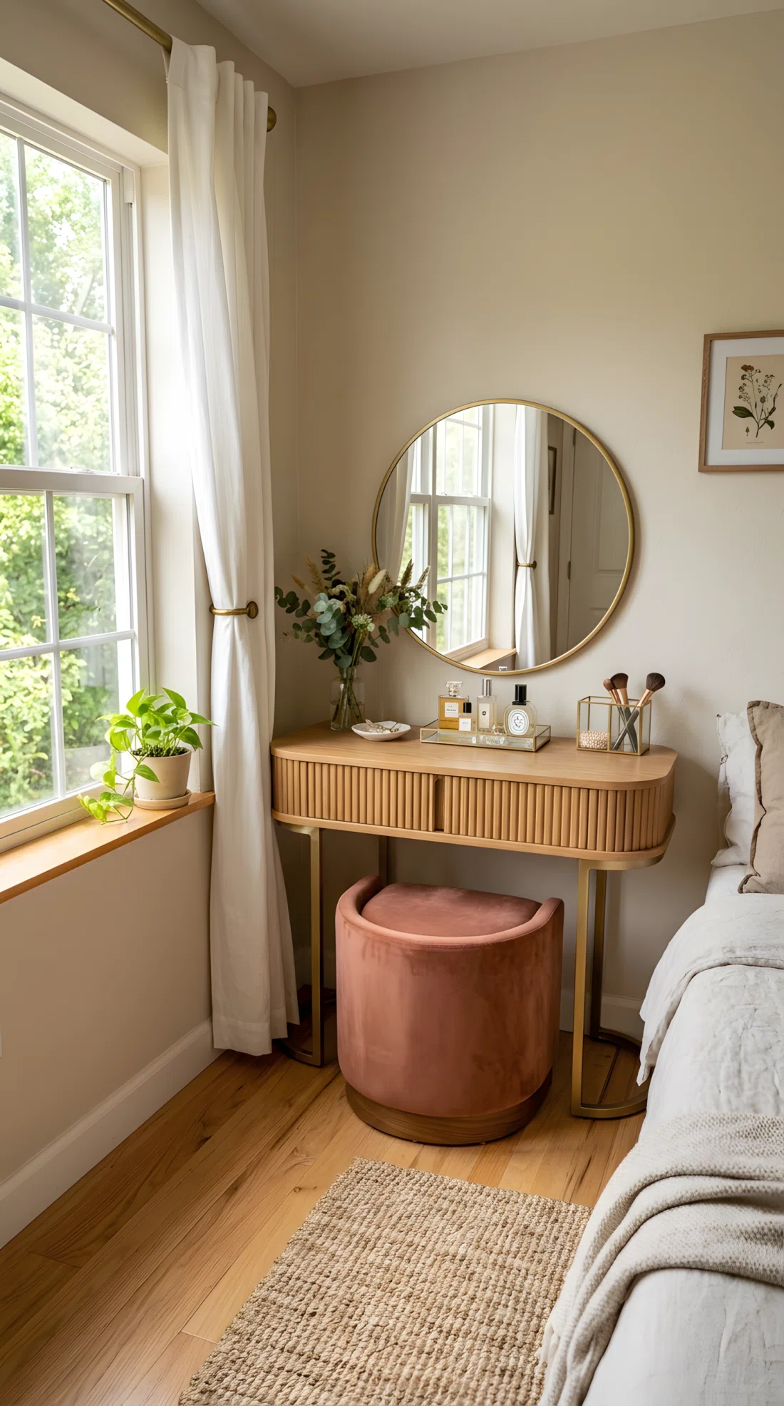 Wide-angle photograph of a bedroom vanity corner near a window, fluted wood vanity table with curved brass legs, round mirror in a thin brass frame, matching curved velvet stool in dusty rose, small glass tray with perfume bottles neatly arranged, soft directional window light illuminating the mirror and casting gentle shadows, dramatic side angle capturing the corner within the wider room, vibrant natural color tones, stock photography style.