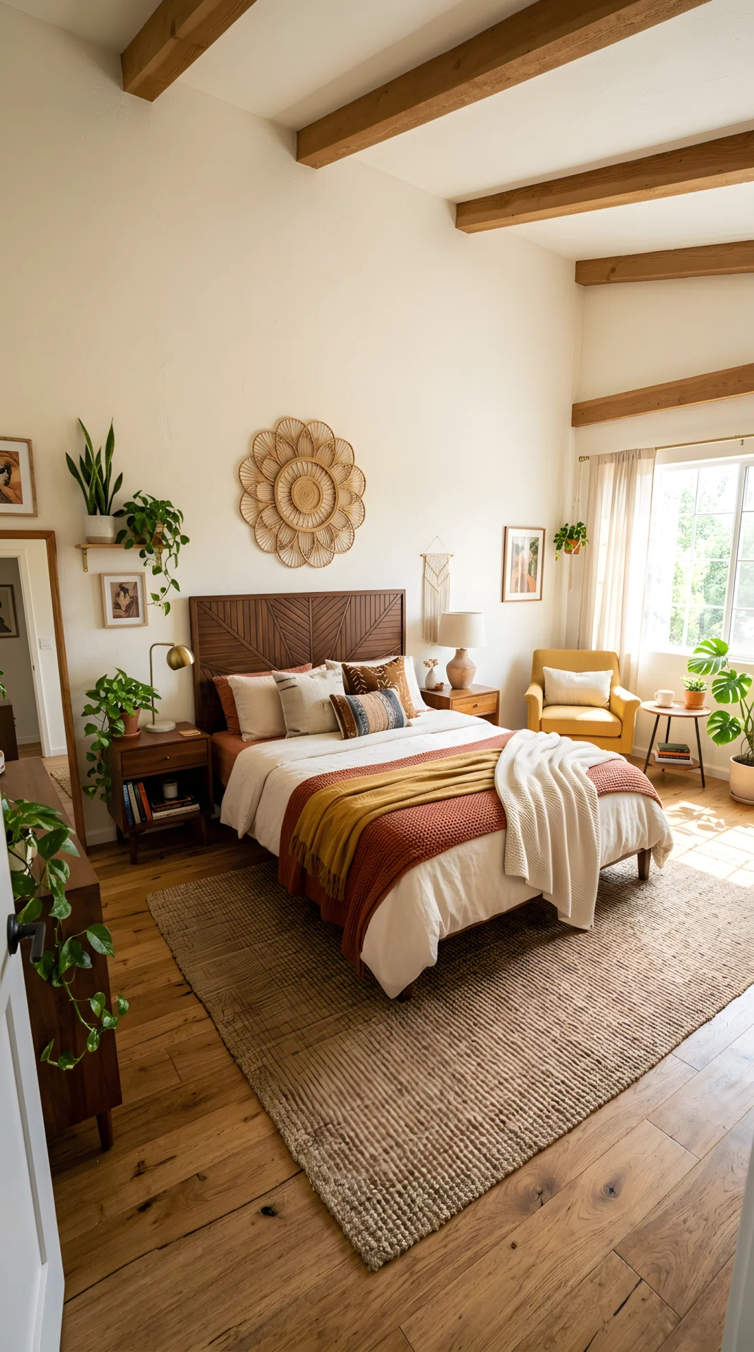 Wide-angle photograph of an eclectic bedroom combining a geometric fan-pattern headboard in dark wood with a jute area rug, woven rattan wall hanging above a side table, layered textured throw blankets in warm terracotta and cream, dramatic wide camera angle showing the full room composition, bright natural light streaming in, vibrant earthy color palette, stock photography style.
