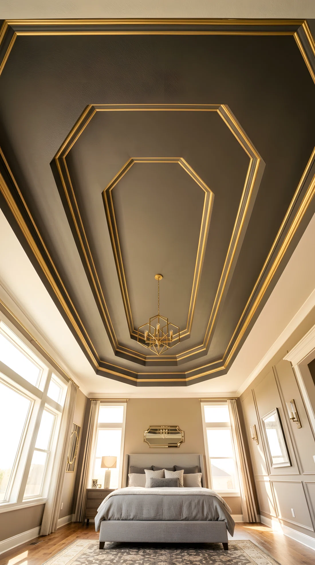 Wide-angle photograph looking upward from within a spacious master bedroom, stepped tray ceiling detail painted in a shade darker than the walls with thin gold trim outlining each level, a small geometric brass chandelier hanging at the center, dramatic upward camera angle emphasizing the ceiling architecture, soft bright natural light filling the room from large windows, vibrant warm tones, architectural stock photography style.