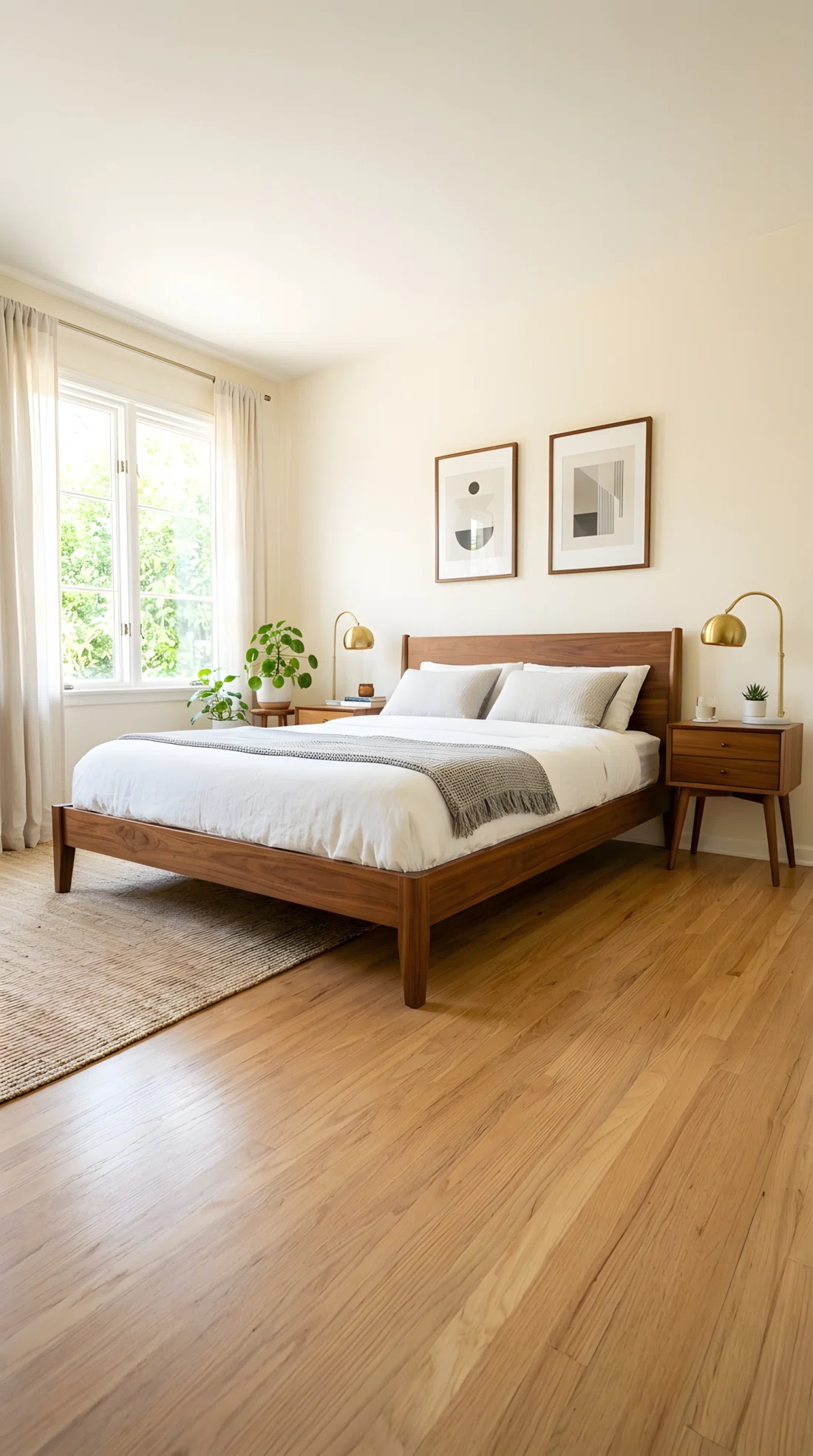 Wide-angle photograph of a bedroom with a low-profile bed frame in warm walnut wood, a tapered-leg nightstand beside it holding a small curved brass lamp, minimalist symmetrical furniture arrangement, dramatic low camera angle emphasizing the furniture's clean silhouette against the wall, bright natural light from a side window, vibrant warm wood tones, stock photography style.