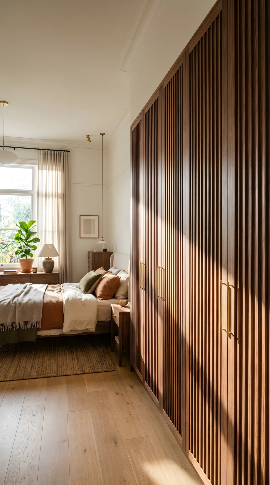 Wide-angle photograph of a bedroom featuring built-in closet doors with vertical fluted wood paneling in warm walnut tone, slim brass door pulls, the doors spanning one full wall of the room, dramatic side angle capturing the texture and depth of the fluting under raking light, bright natural window light entering from the opposite side casting long shadows across the grooves, vibrant warm tones, architectural stock photography style.