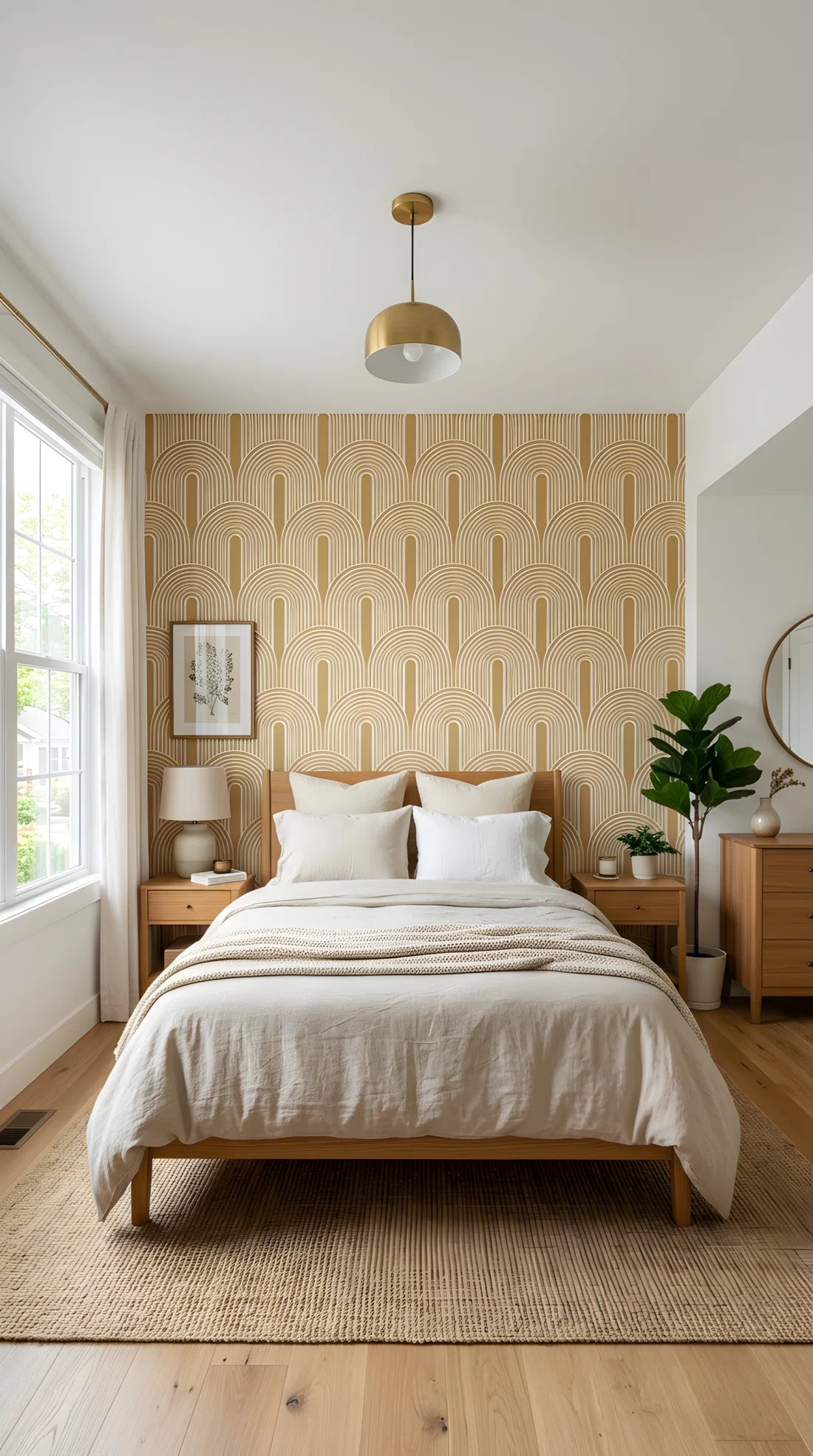 Wide-angle photograph of a bedroom with one accent wall covered in a repeating fan-arch geometric wallpaper pattern in muted gold and cream tones, plain white walls on either side, simple neutral bedding in front of the patterned wall, dramatic straight-on camera angle capturing the full pattern scale against the room, bright soft natural light, vibrant but tasteful color saturation, stock photography style.