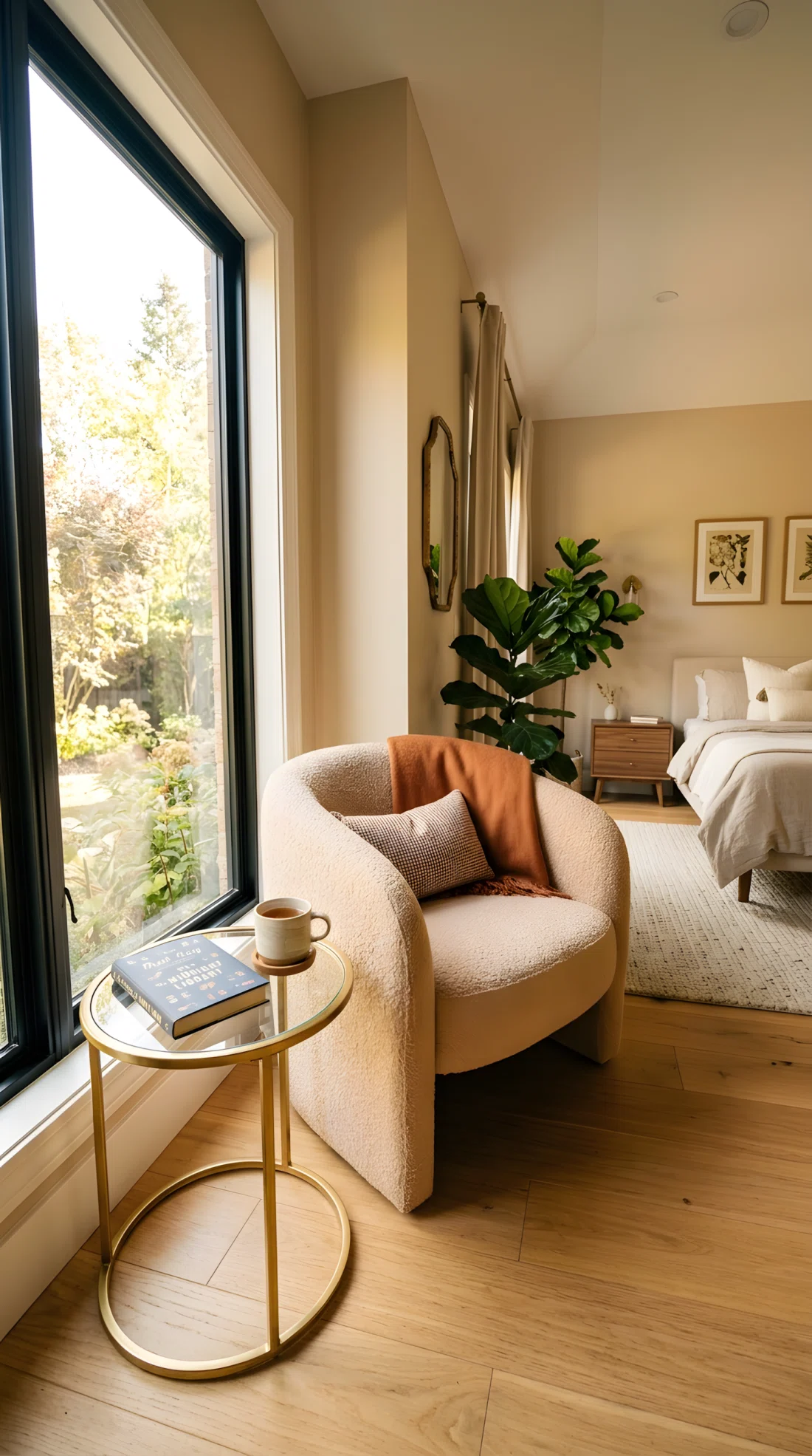Wide-angle photograph of a bedroom corner reading nook, a curved boucle accent chair in warm cream tone with a low rounded frame, small round brass side table beside it holding a single book, positioned near a large window, dramatic angled composition showing the nook within the larger room, bright natural window light illuminating the chair's texture, vibrant warm color grading, stock photography style.