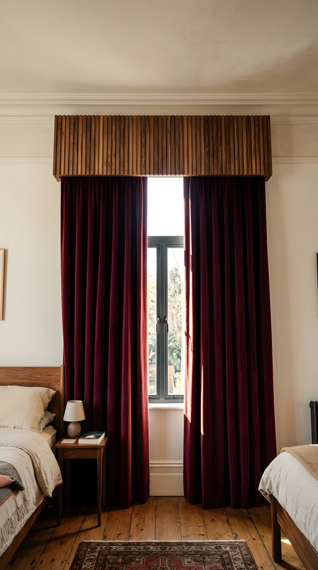 Wide-angle photograph of a bedroom window with a fluted wood pelmet in warm walnut tone mounted above floor-length curtains in deep burgundy velvet, the window positioned centrally with light streaming through a slight gap in the curtains, dramatic upward camera angle emphasizing the pelmet's grooved texture, bright natural light creating soft shadows across the folds, vibrant rich tones, architectural stock photography style.