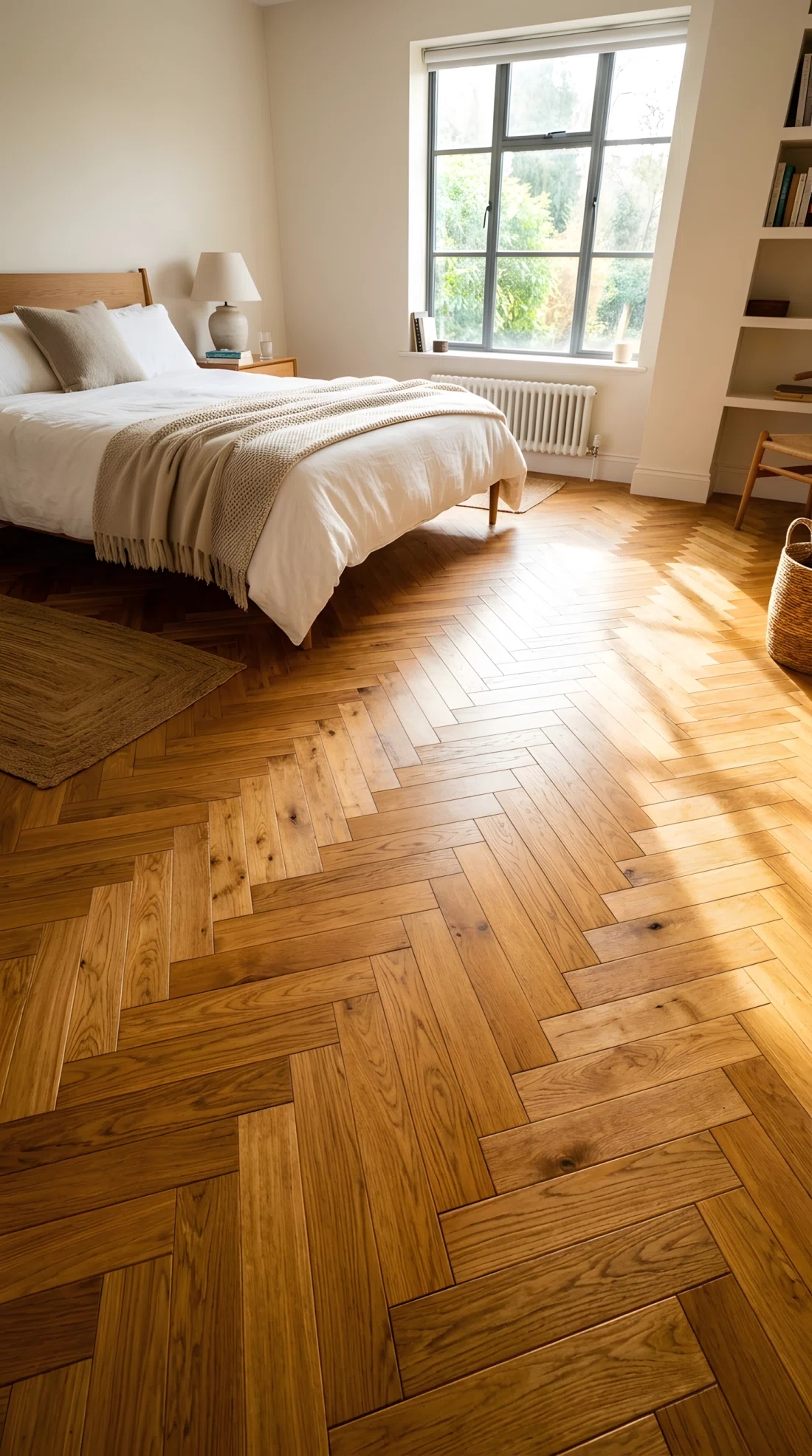 Wide-angle photograph of a bedroom floor featuring a warm honey-toned herringbone parquet wood pattern, bright natural light raking across the floor to highlight the pattern's texture and depth, vibrant warm wood tones, architectural stock photography style.