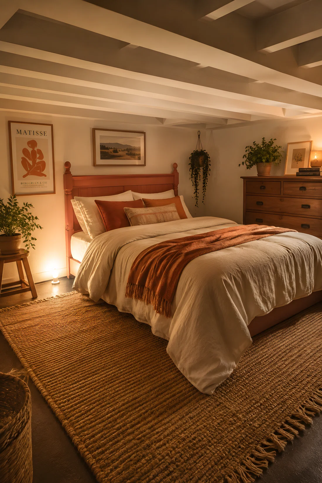 Wide-angle photography of a cozy basement bedroom, no windows visible, featuring a secondhand wooden headboard repainted in soft terracotta, layered with cream linen bedding, warm ambient floor lamp positioned low near the headboard casting a soft upward glow across the wood texture, vibrant orange and cream tones, textured jute rug, low ceiling with exposed beams painted white, stock photography style, dramatic wide room angle, ultra-detailed, 4k.