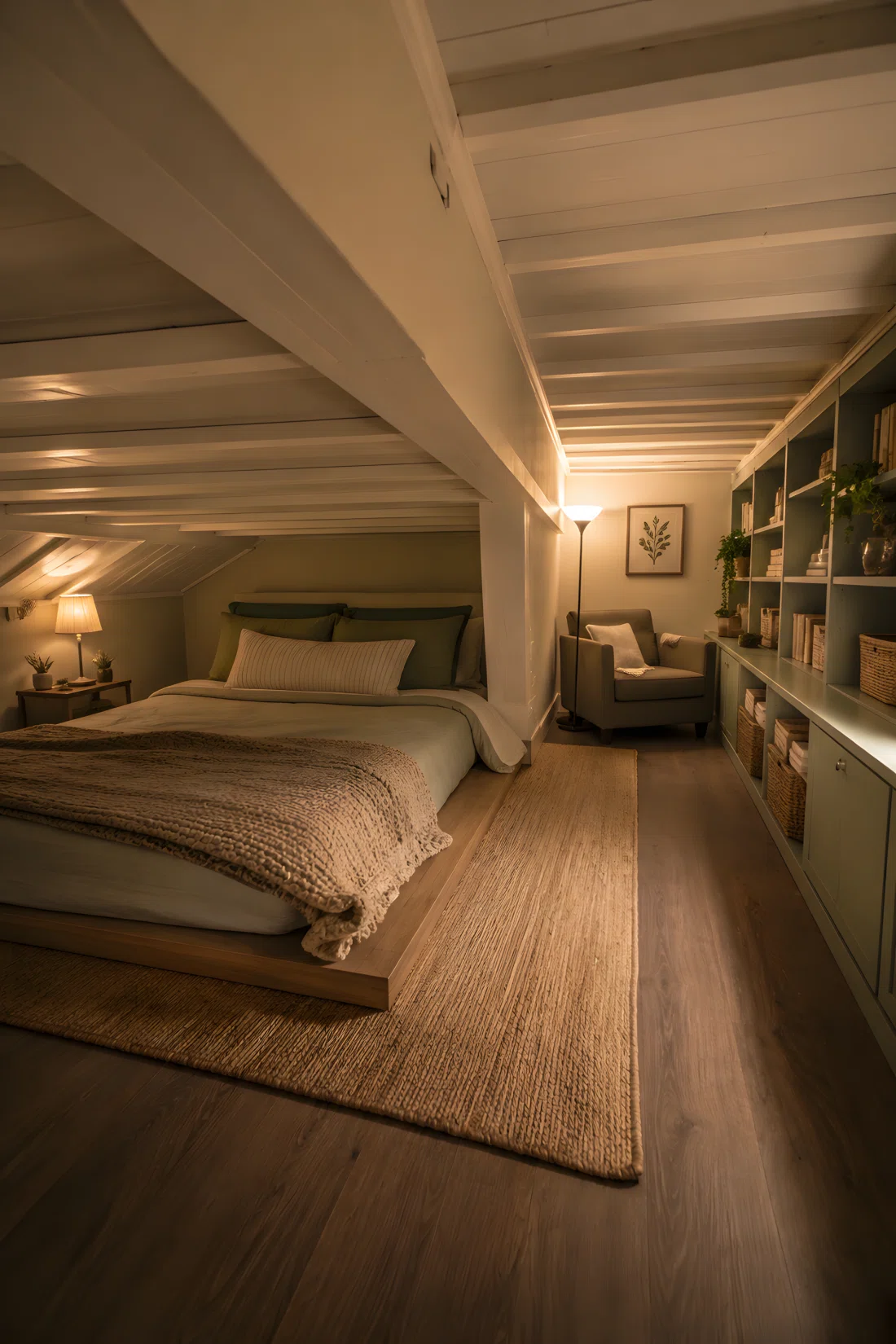 Wide-angle stock photography of a small basement bedroom, no windows, low platform bed positioned under the lowest sloped ceiling section, exposed white-painted beams, a compact reading nook with a single armchair placed in the taller part of the room, warm layered lighting from a floor lamp positioned beside the armchair angled upward to open up the low ceiling, soft sage green and cream palette, neatly organized shelving, dramatic room-wide camera angle, ultra-detailed photography.