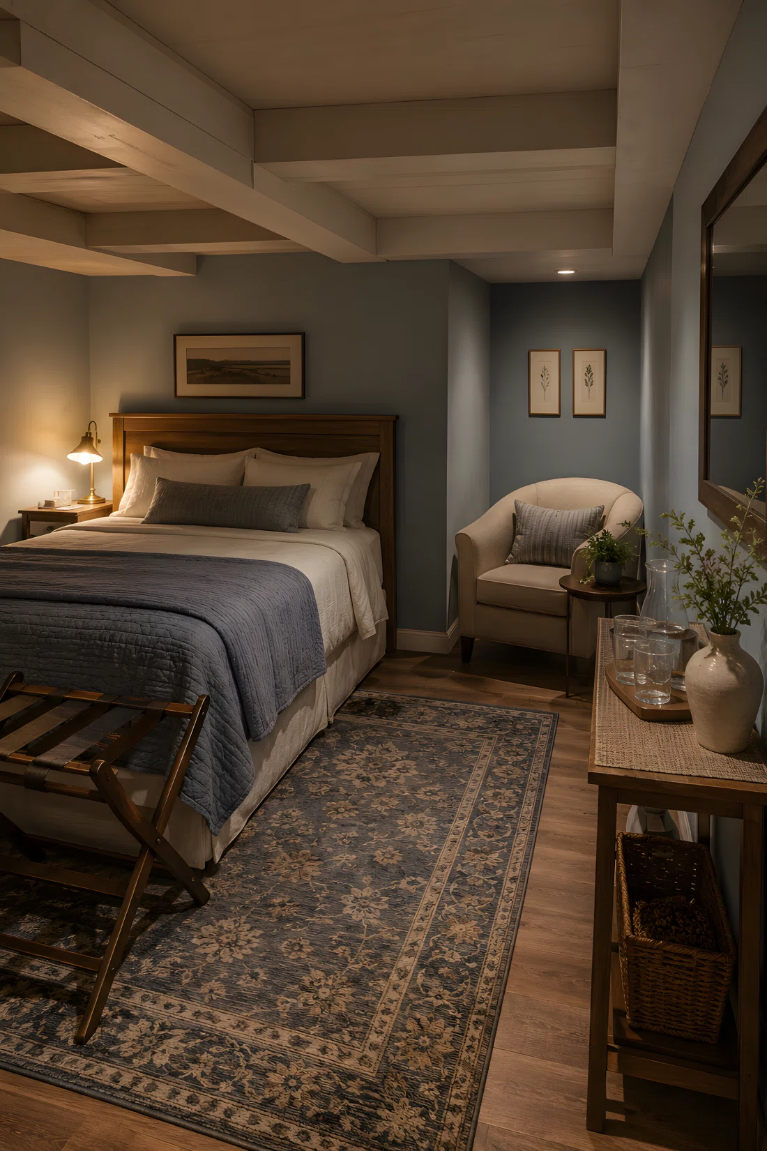 Wide-angle photography of a basement guest bedroom, no windows, small seating corner with a compact armchair, folding wooden luggage rack near the bed, mini console table styled with water glasses and a small vase, warm bedside lamp positioned low and close to the headboard for an intimate glow, dusty blue and warm wood tones, neatly made bed with layered textiles, dramatic wide camera angle, stock photography style, ultra-detailed.
