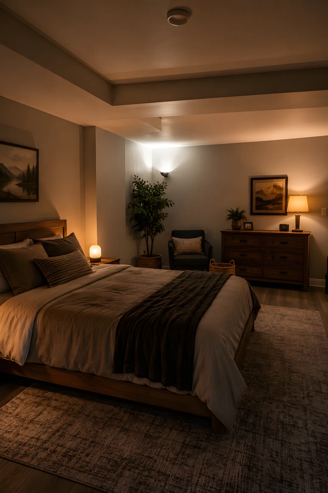 Wide-angle stock photography of a basement bedroom at night, no windows, three distinct light sources shown clearly: a low bedside lamp positioned at mattress height beside the bed, a mid-height lamp glowing on top of a dresser across the room, and a floor uplight positioned in the corner aimed directly at the ceiling to simulate daylight bouncing down, warm amber tones mixing with cool ceiling glow, neatly styled bedding, dramatic wide room angle, ultra-detailed photography.