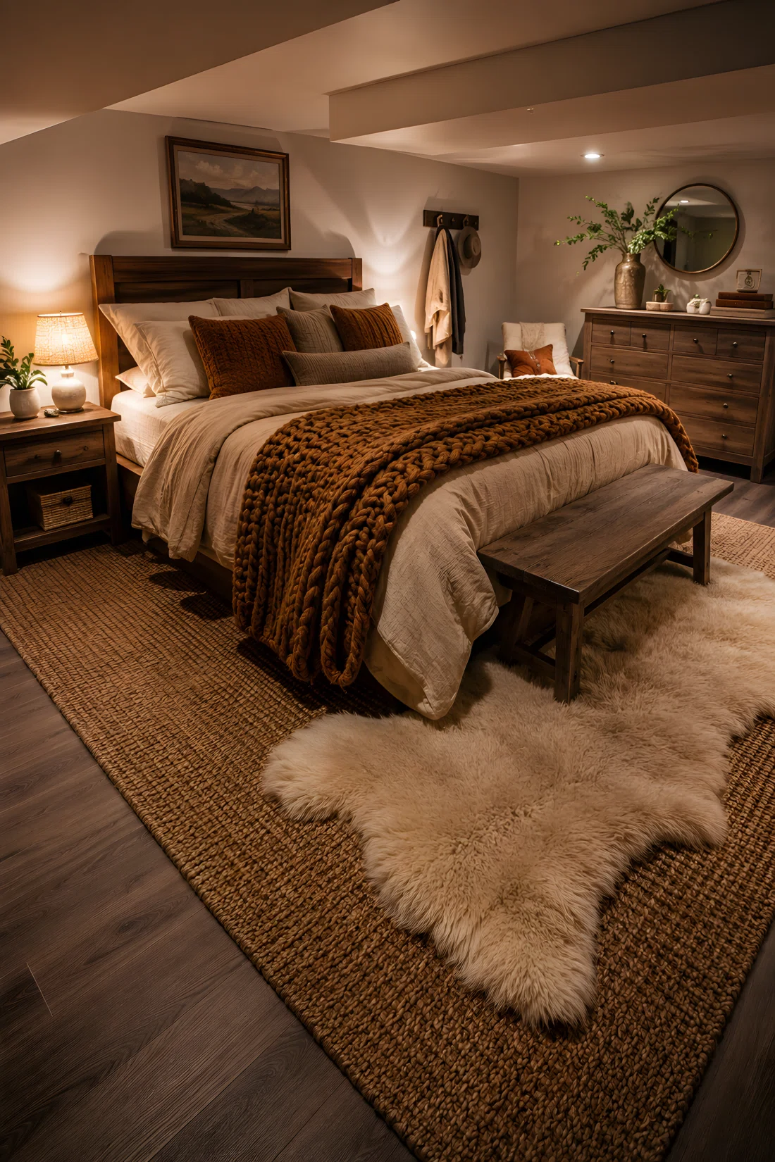 Wide-angle photography of a cozy basement bedroom, no windows, foot of the bed styled with a chunky knit wool throw and a sheepskin rug layered on top of a thick woven jute rug, warm side lamp positioned low near the nightstand casting soft light across the textures, rich caramel and cream tones, neatly arranged layered textiles, dramatic wide room camera angle, stock photography style, ultra-detailed.