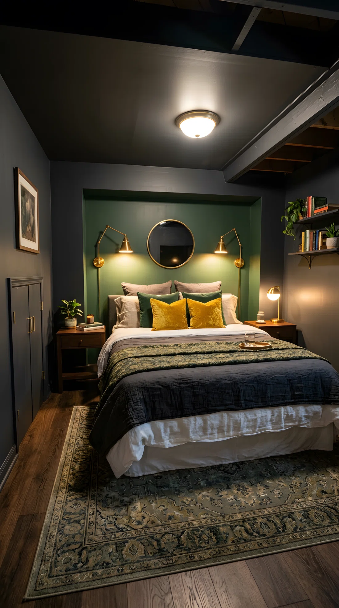 Wide-angle stock photography of a basement bedroom, no windows, walls painted deep charcoal (RGB 54,58,63) accented with a forest green headboard nook (RGB 35,66,54), brass wall sconces positioned at eye level flanking the bed for warm directional light, gold accent pillows, neatly styled bedding, dramatic wide room camera angle, vibrant warm lamp glow, ultra-detailed photography.