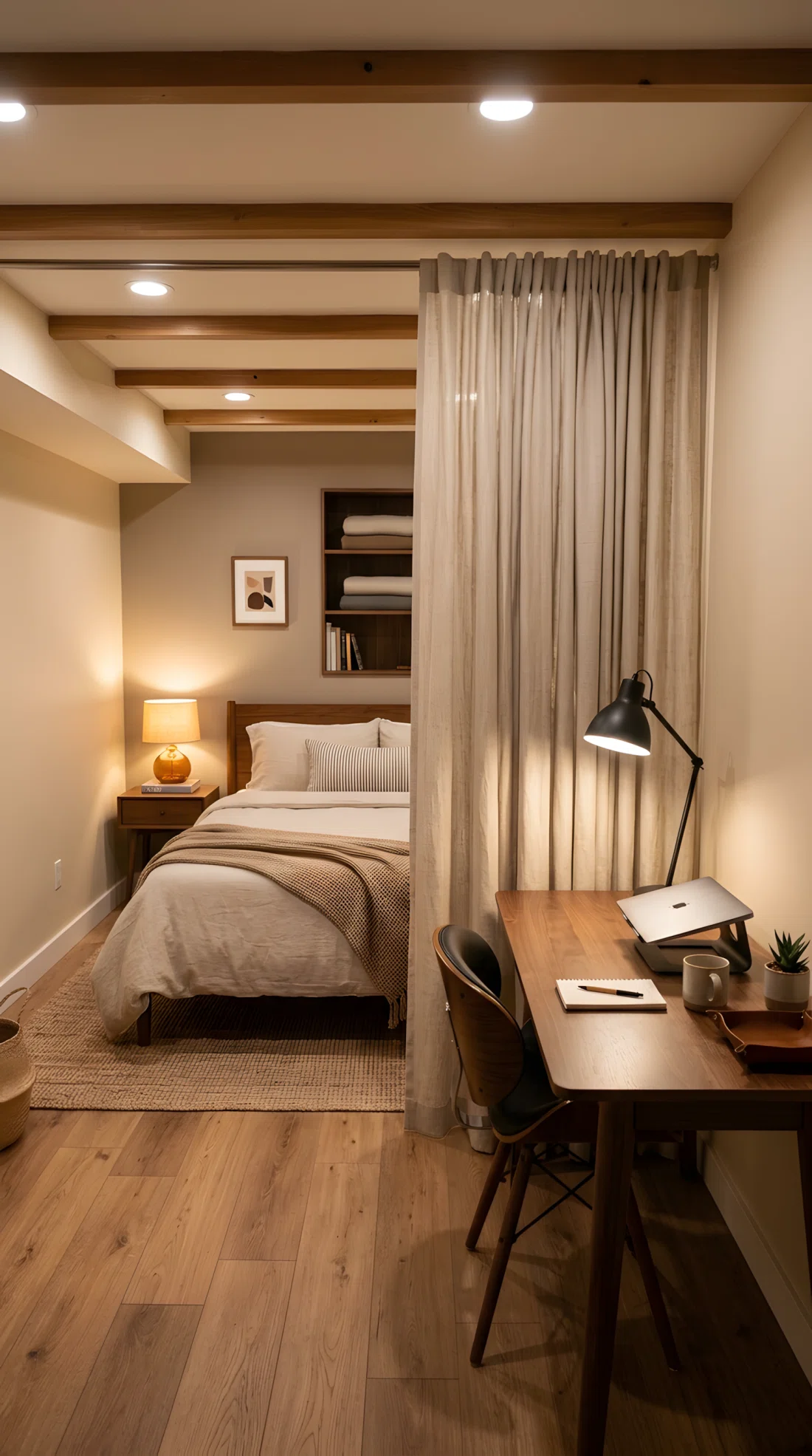 Wide-angle photography of a basement bonus room bedroom, no windows, a floor-to-ceiling linen curtain on a tension rod dividing a small desk area from the sleeping zone, desk lamp positioned low and angled onto the desk surface for focused task lighting, warm bedside lamp glowing on the sleeping side, neutral oatmeal and walnut tones, neatly organized desk with minimal decor, dramatic wide room camera angle, stock photography style, ultra-detailed.